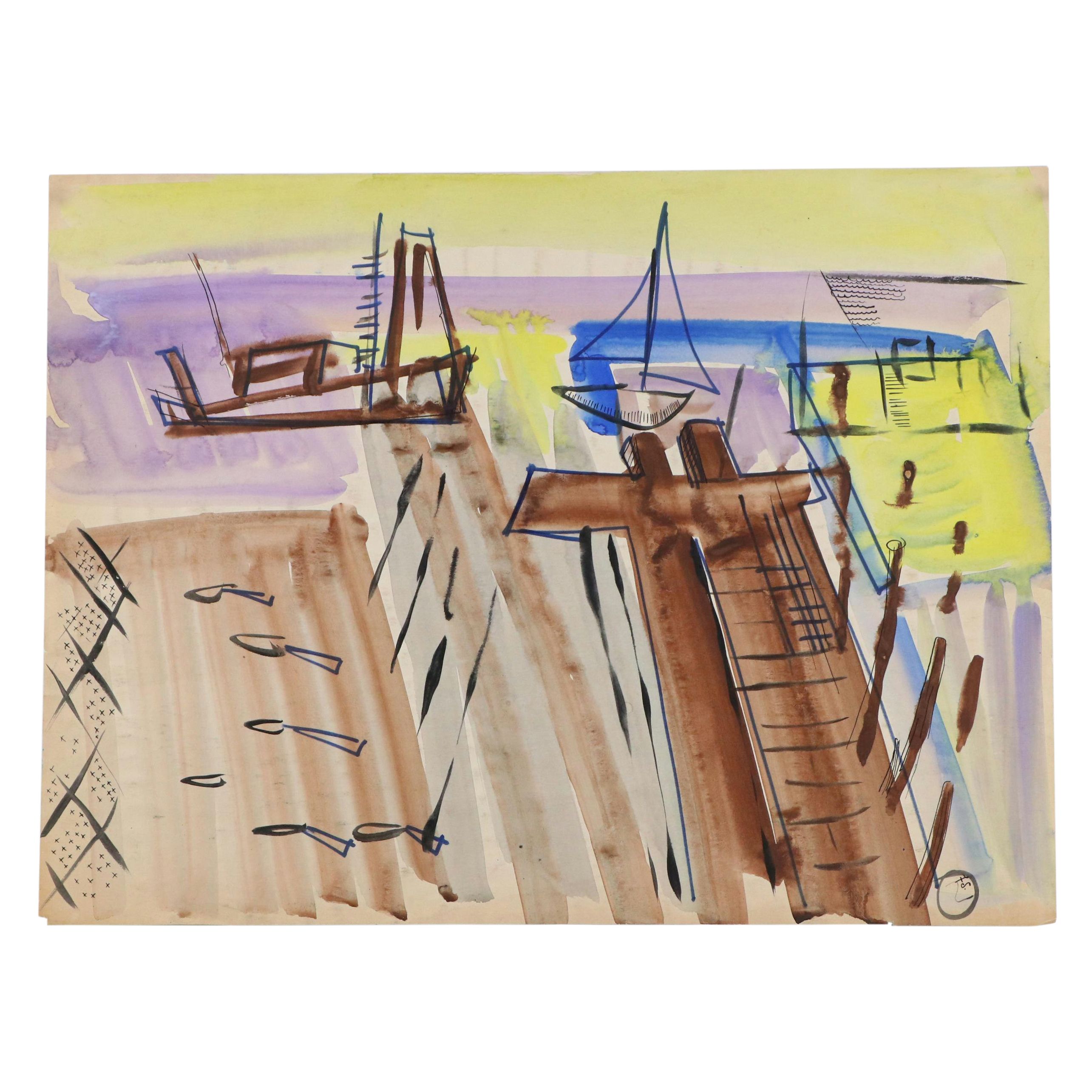 Fred R. Schwartz Stylized Watercolor Painting of Dock with Boats, Mid-20th C.