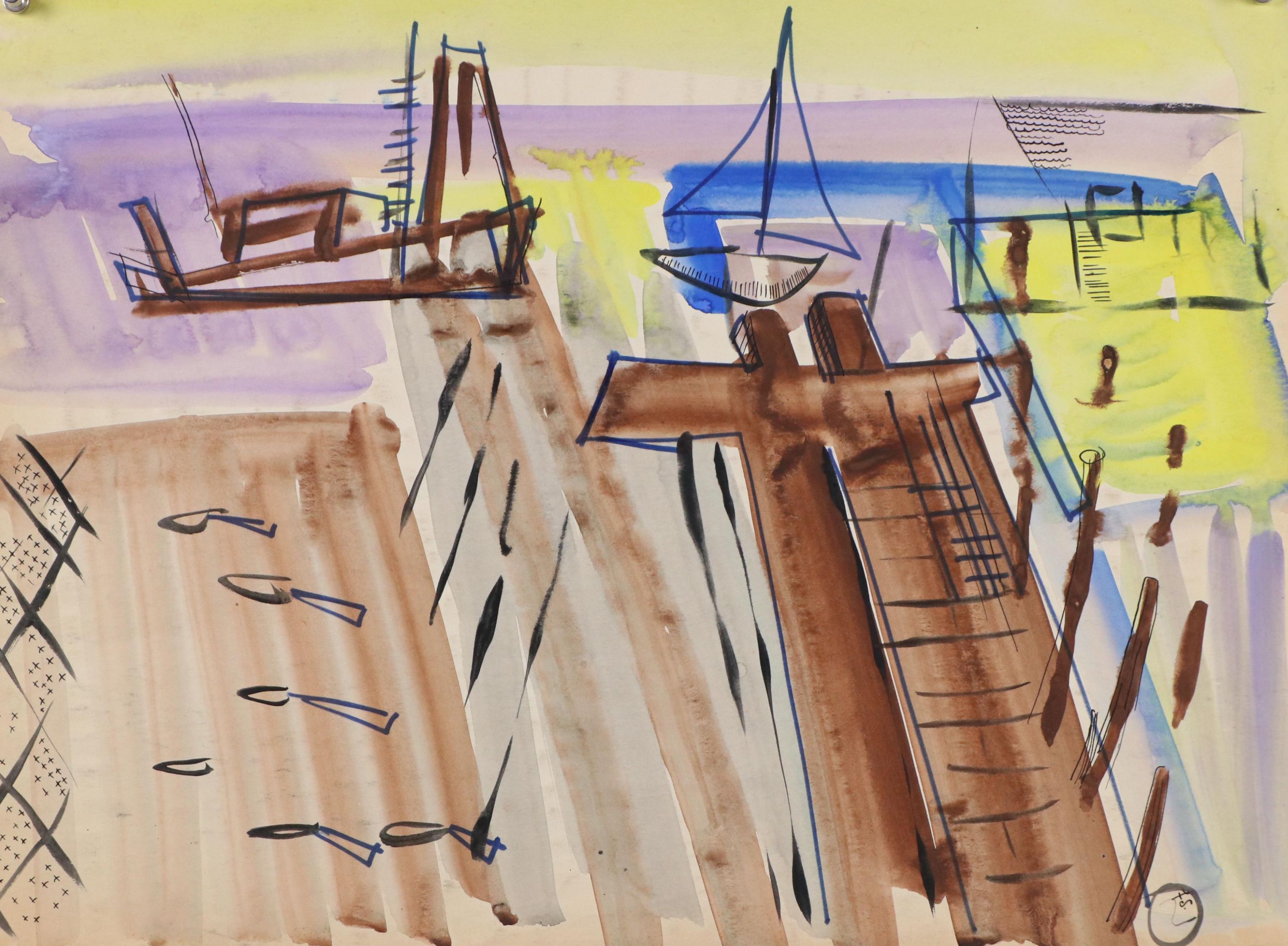 Fred R. Schwartz Stylized Watercolor Painting of Dock with Boats, Mid-20th C.