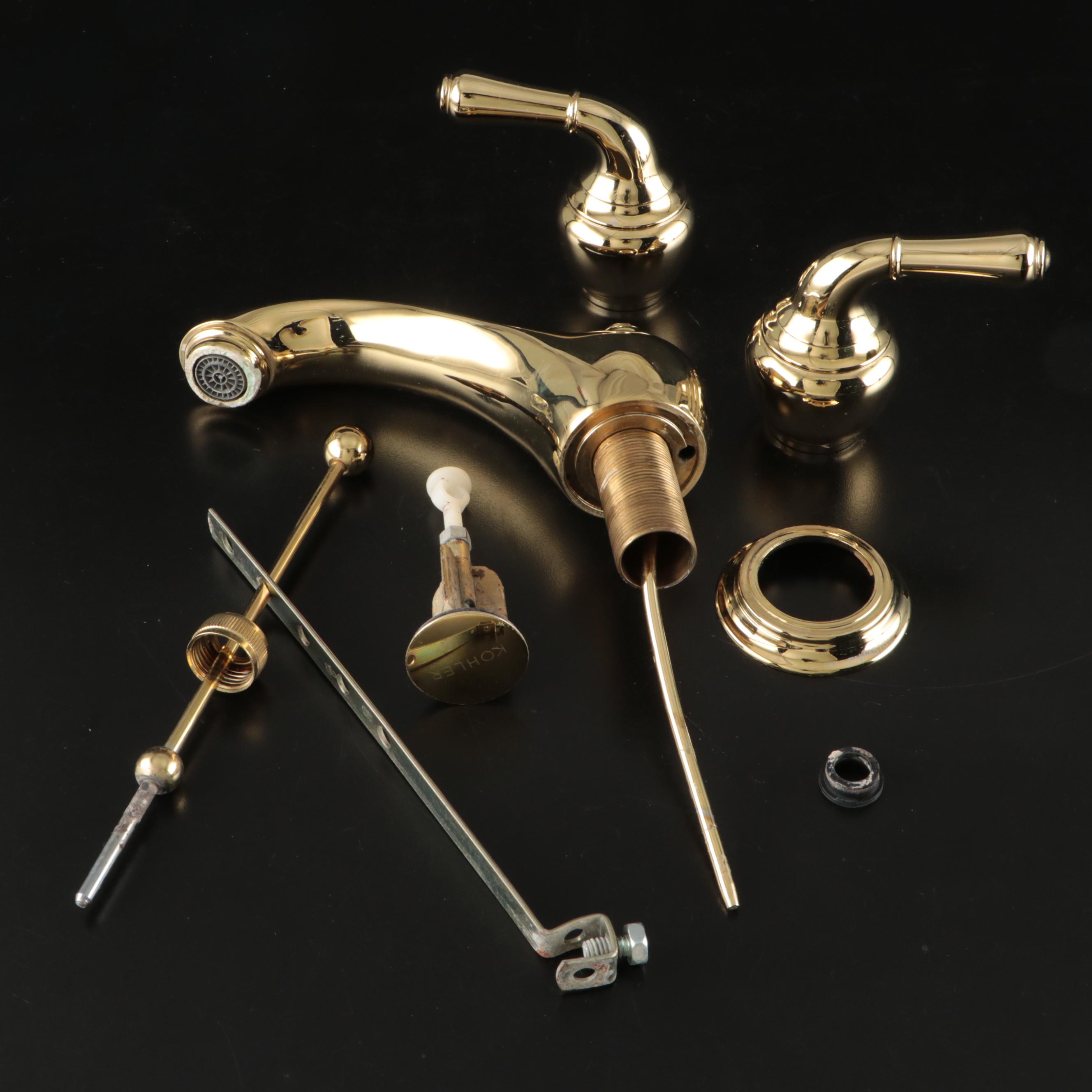 Moen Lacquered Brass Bathroom Lavatory Faucet Set & KOHLER Drain Stopper