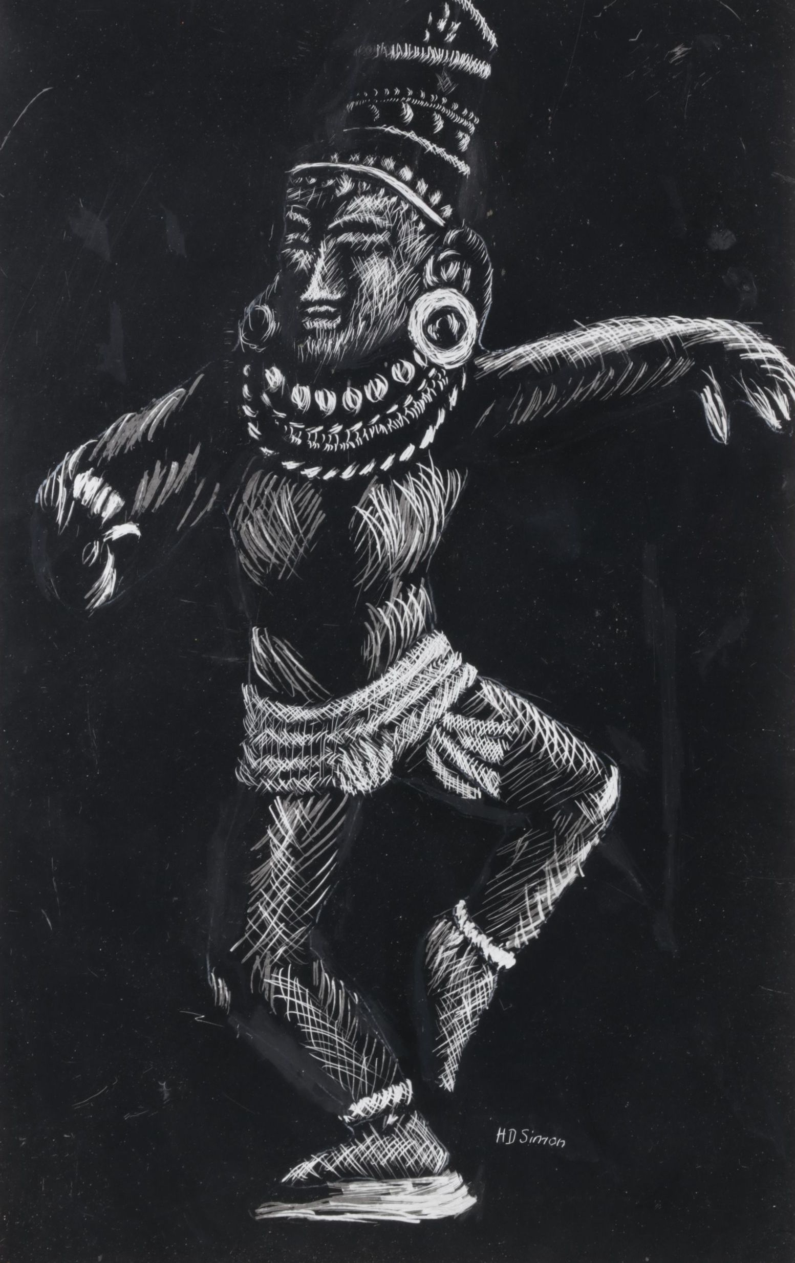 Helen D. Simon Scratchboard Portrait of Ethnic Thai Dancer, Mid-20th Century