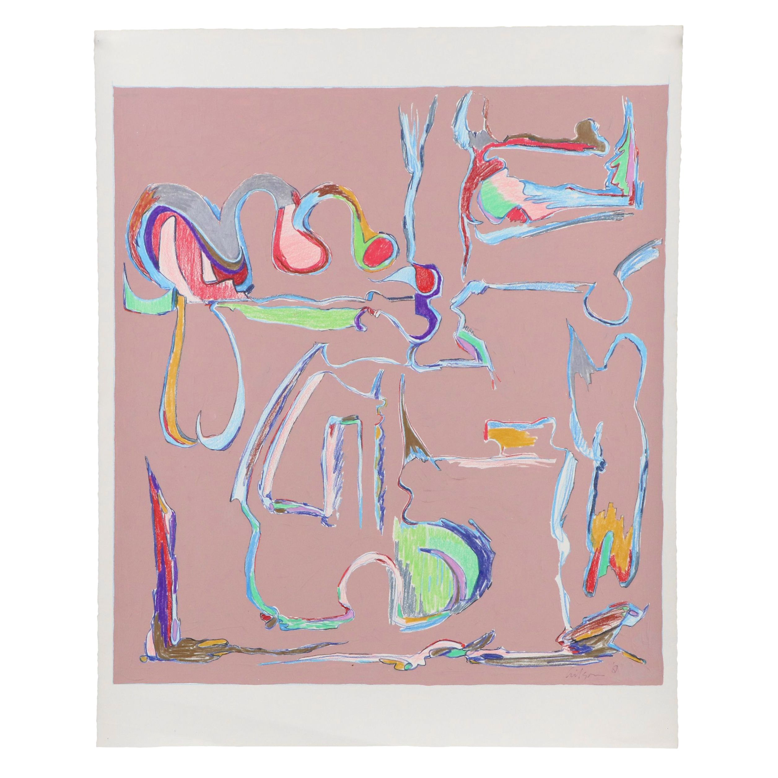 Harry Hilson Abstract Mixed Media Drawing, 1981