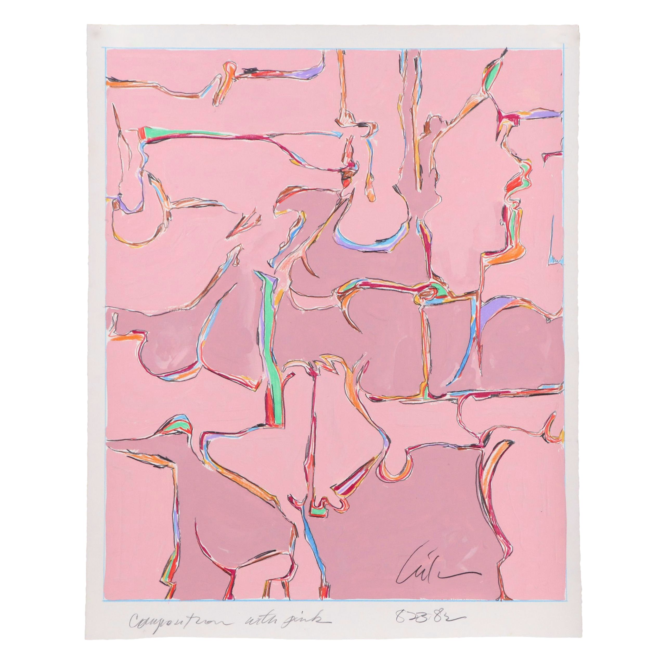 Harry Hilson Abstract Mixed Media Painting "Composition with Pink," 1982