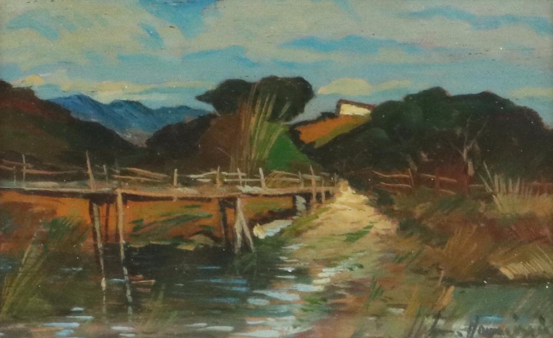 Landscape Oil on Board of Shoreline with Dock, 20th Century