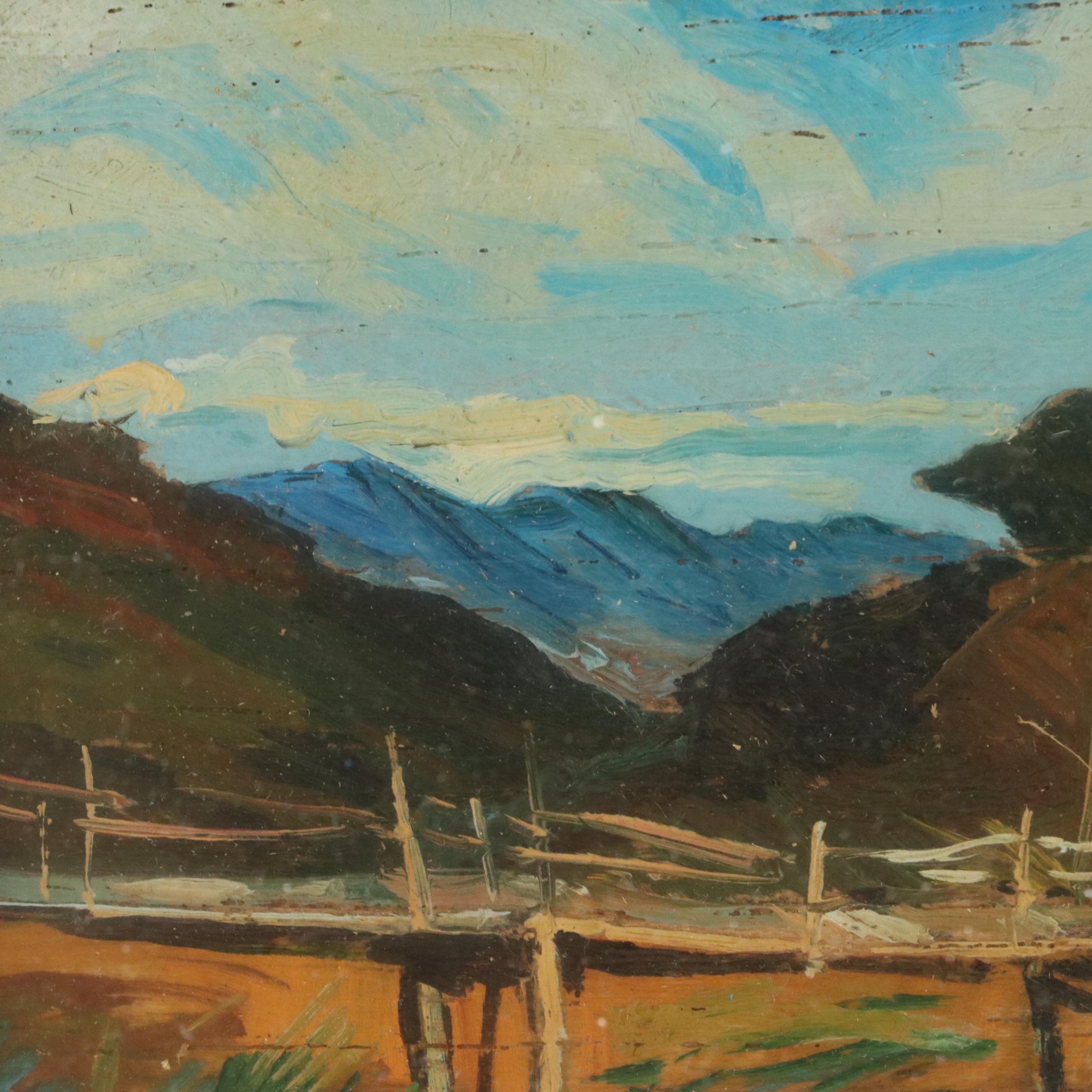 Landscape Oil on Board of Shoreline with Dock, 20th Century