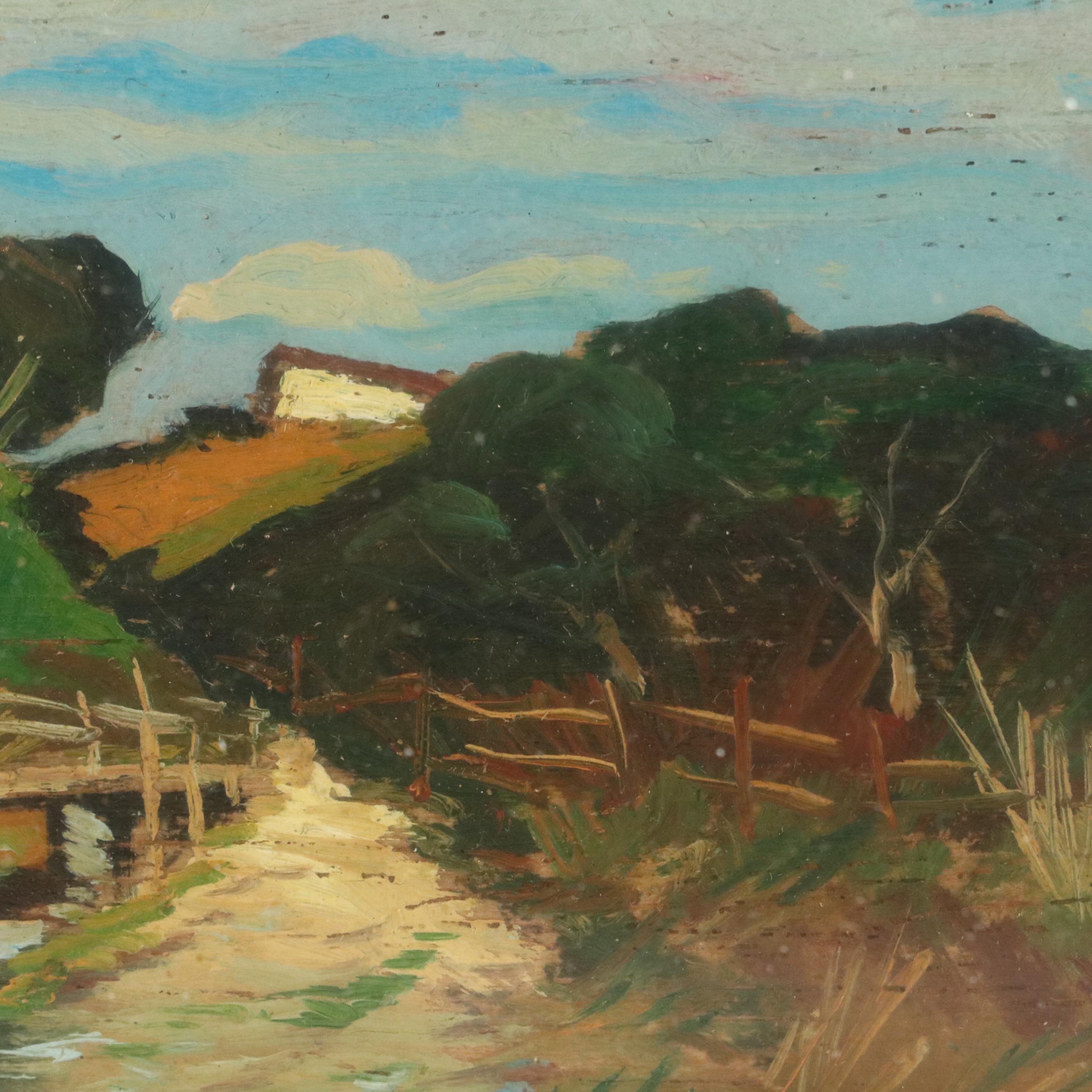 Landscape Oil on Board of Shoreline with Dock, 20th Century