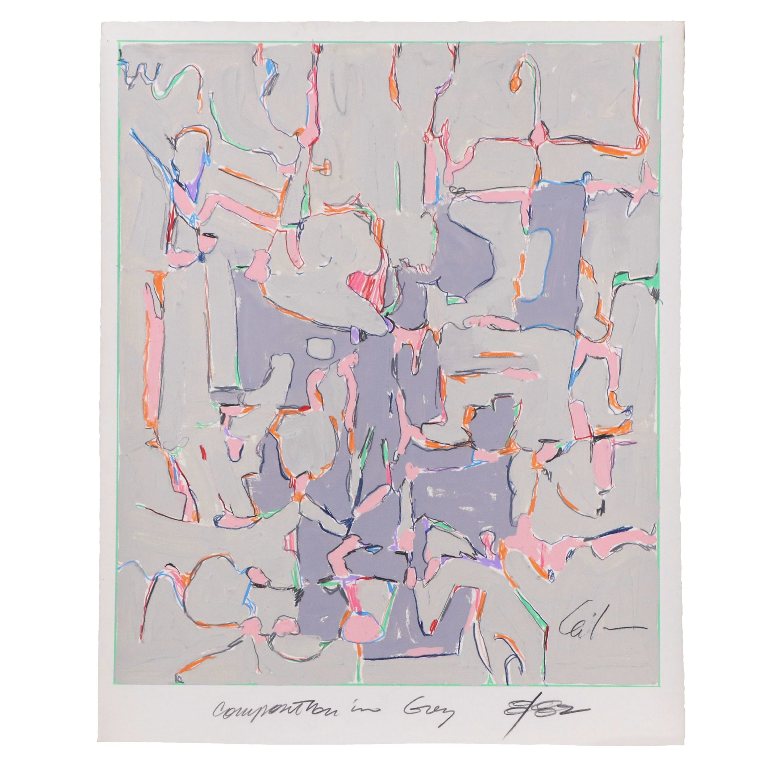 Harry Hilson Abstract Mixed Media Painting "Composition in Grey," 1982