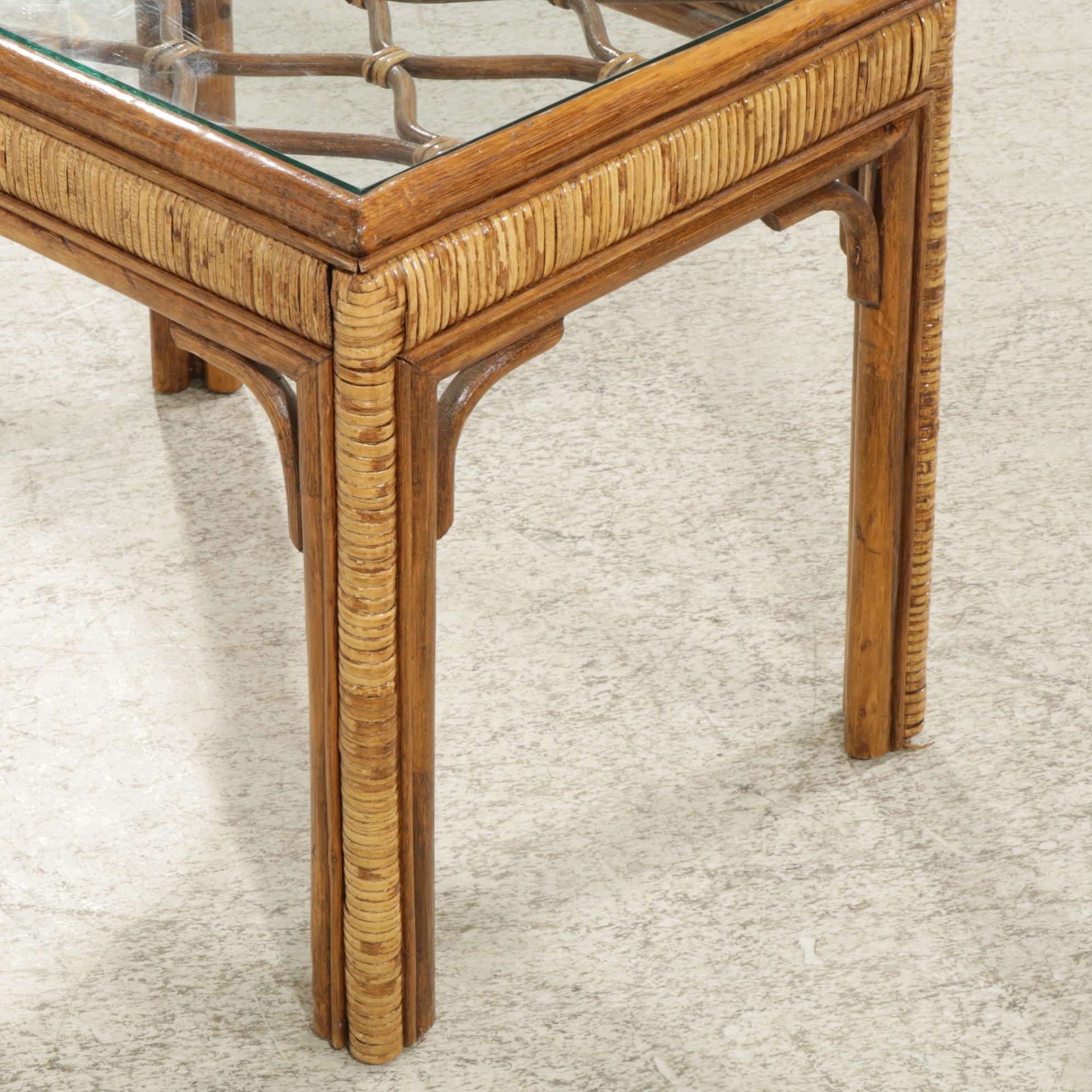 Glass Top Rattan Side Table, Late 20th Century