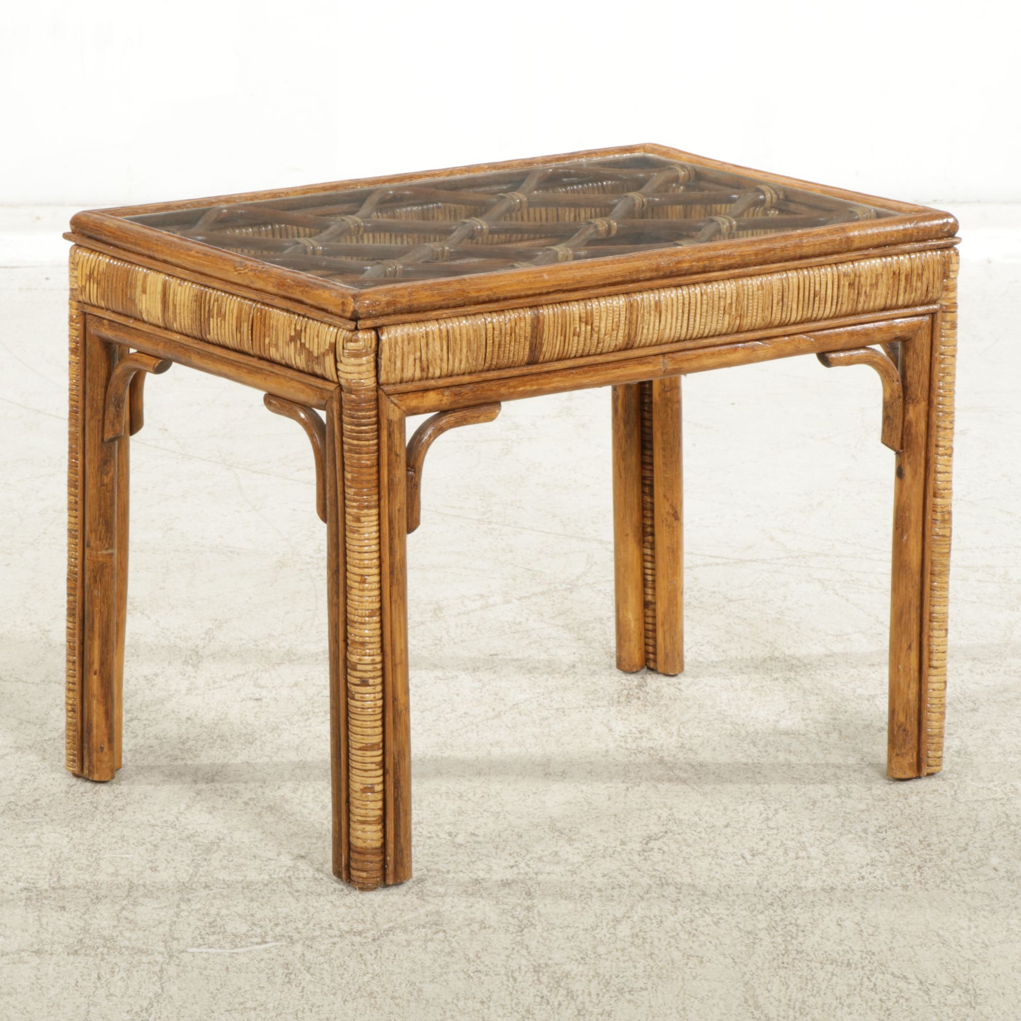 Glass Top Rattan Side Table, Late 20th Century