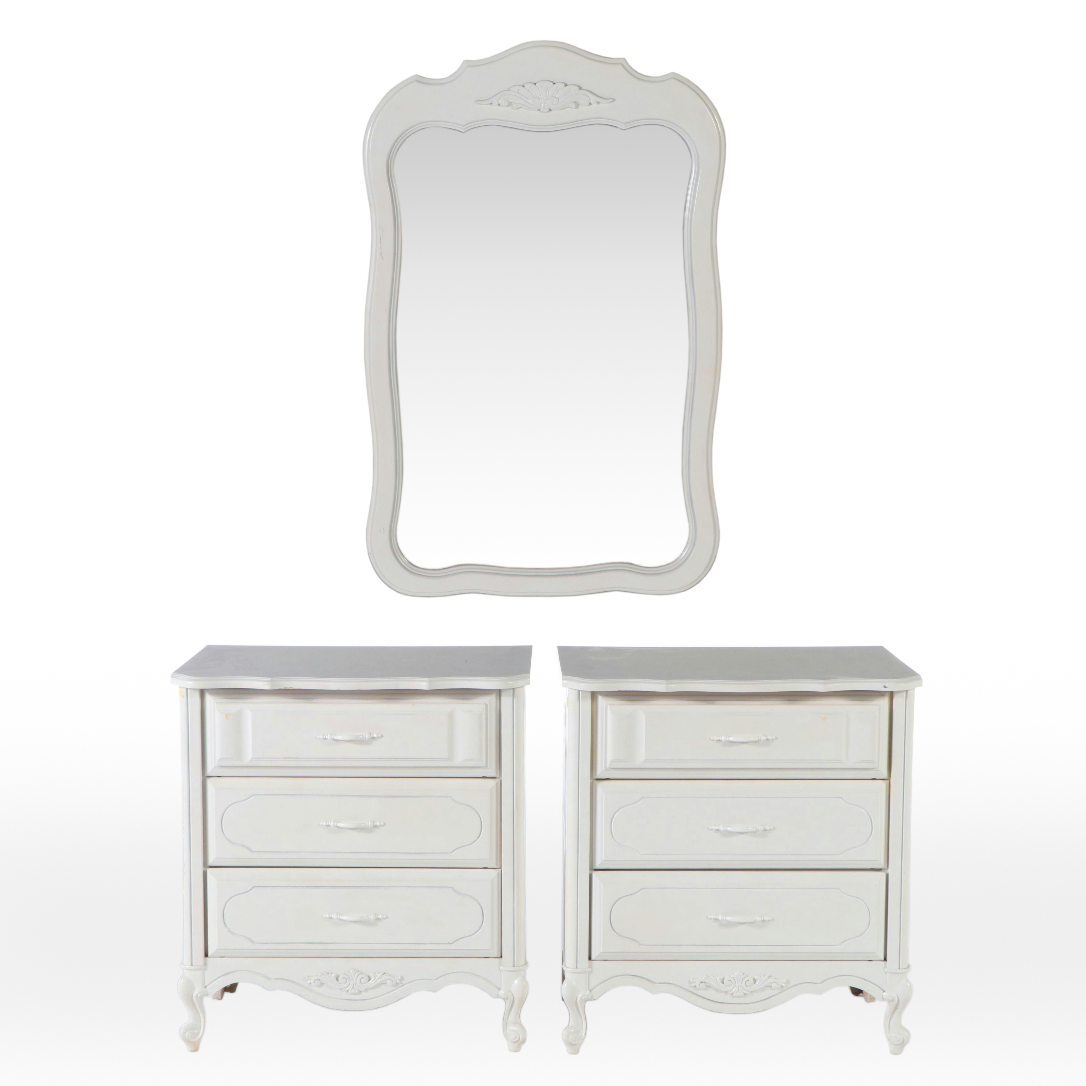 Two Louis XV Style Painted Wood Commodes with Matching Wall Mirror