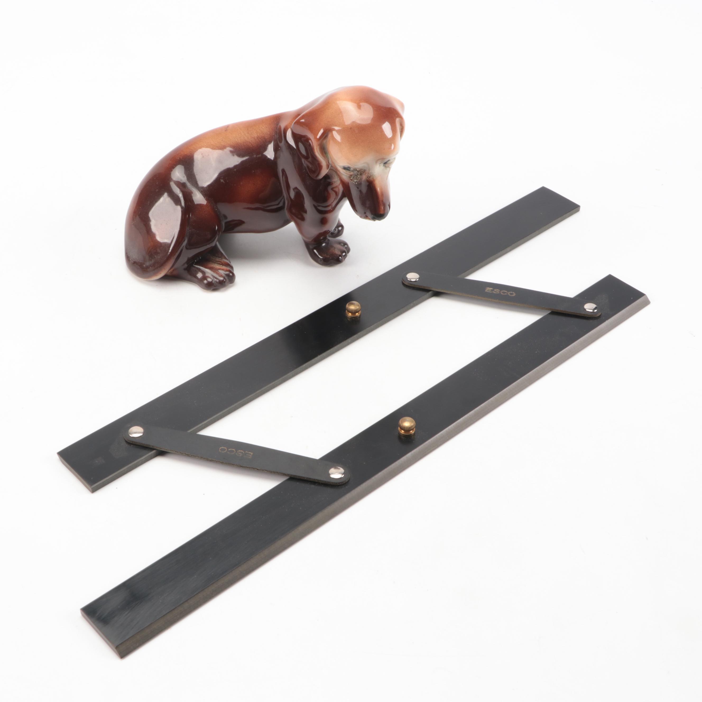Dachshund Porcelain Figure with Esco Wood Parallel Ruler