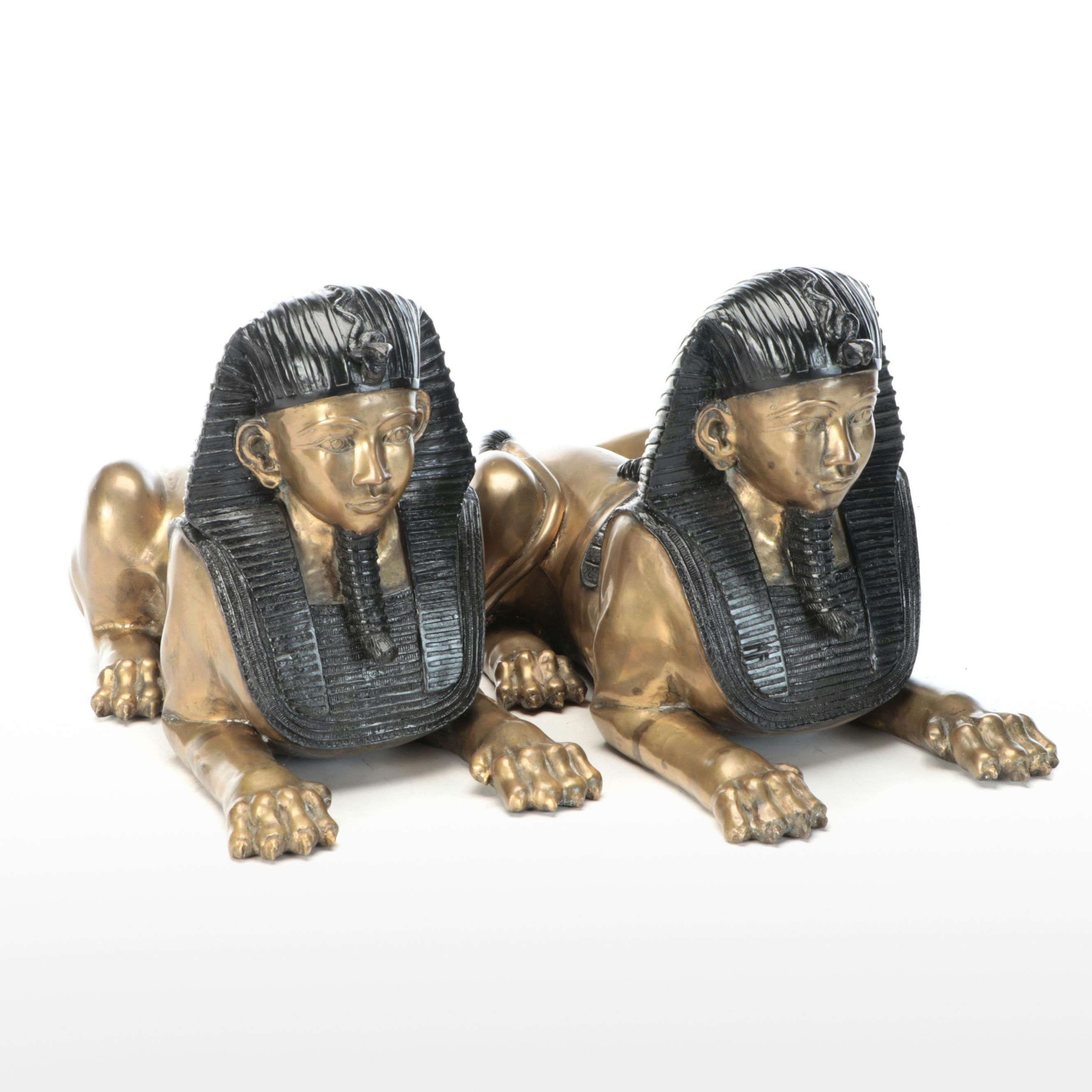 Pair of Egyptian Revival Style Parcel-Painted Brass Sphinxes, 20th Century
