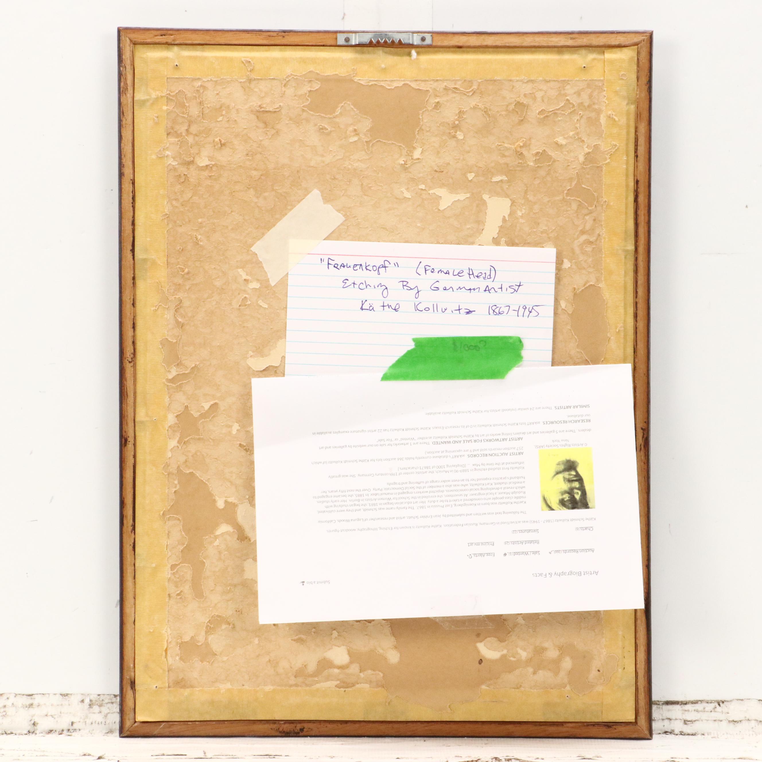 Portrait Etching After Käthe Kollwitz "Frauenkopf," Mid-20th Century