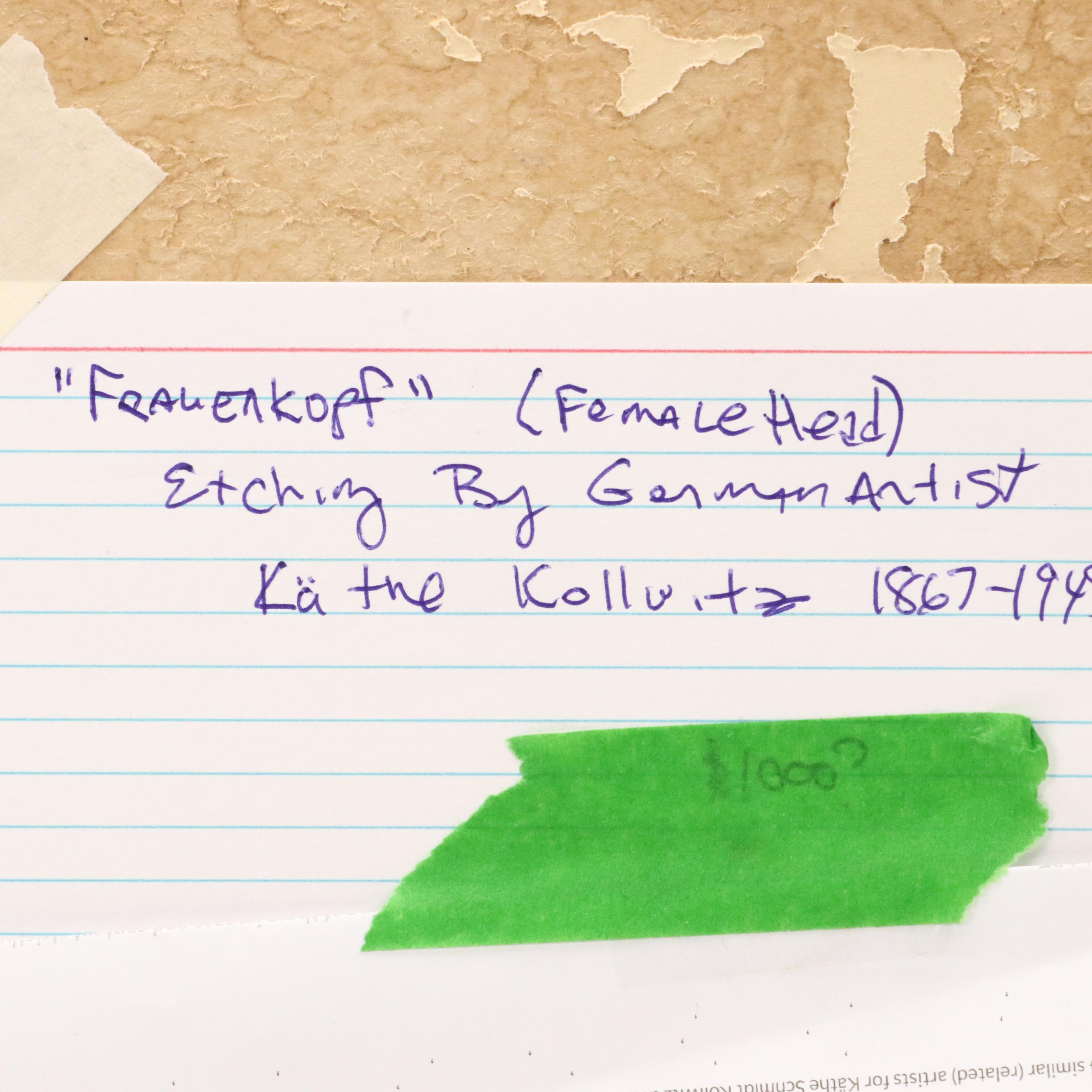 Portrait Etching After Käthe Kollwitz "Frauenkopf," Mid-20th Century