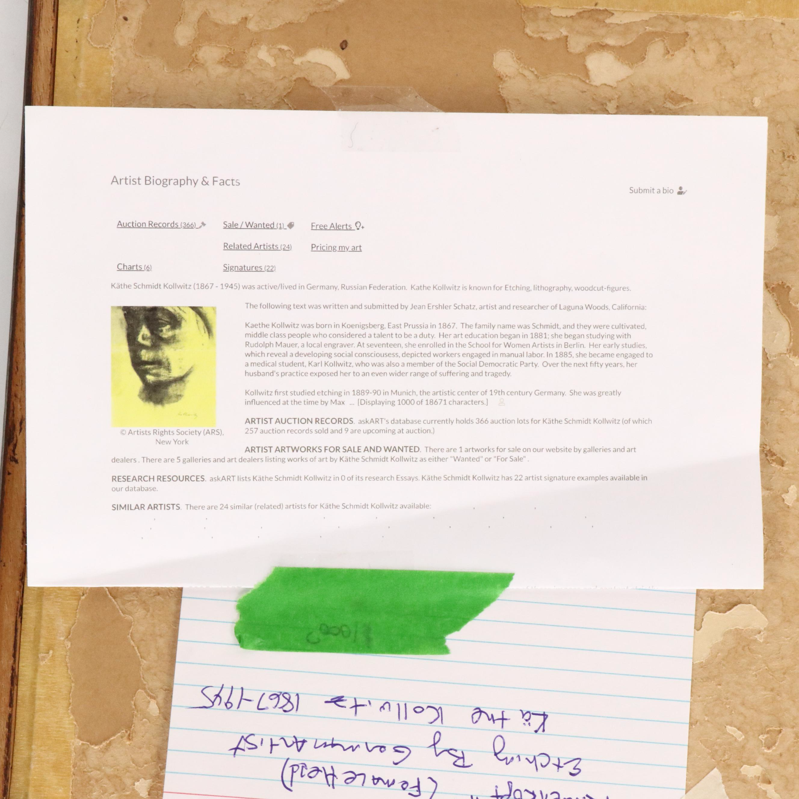 Portrait Etching After Käthe Kollwitz "Frauenkopf," Mid-20th Century