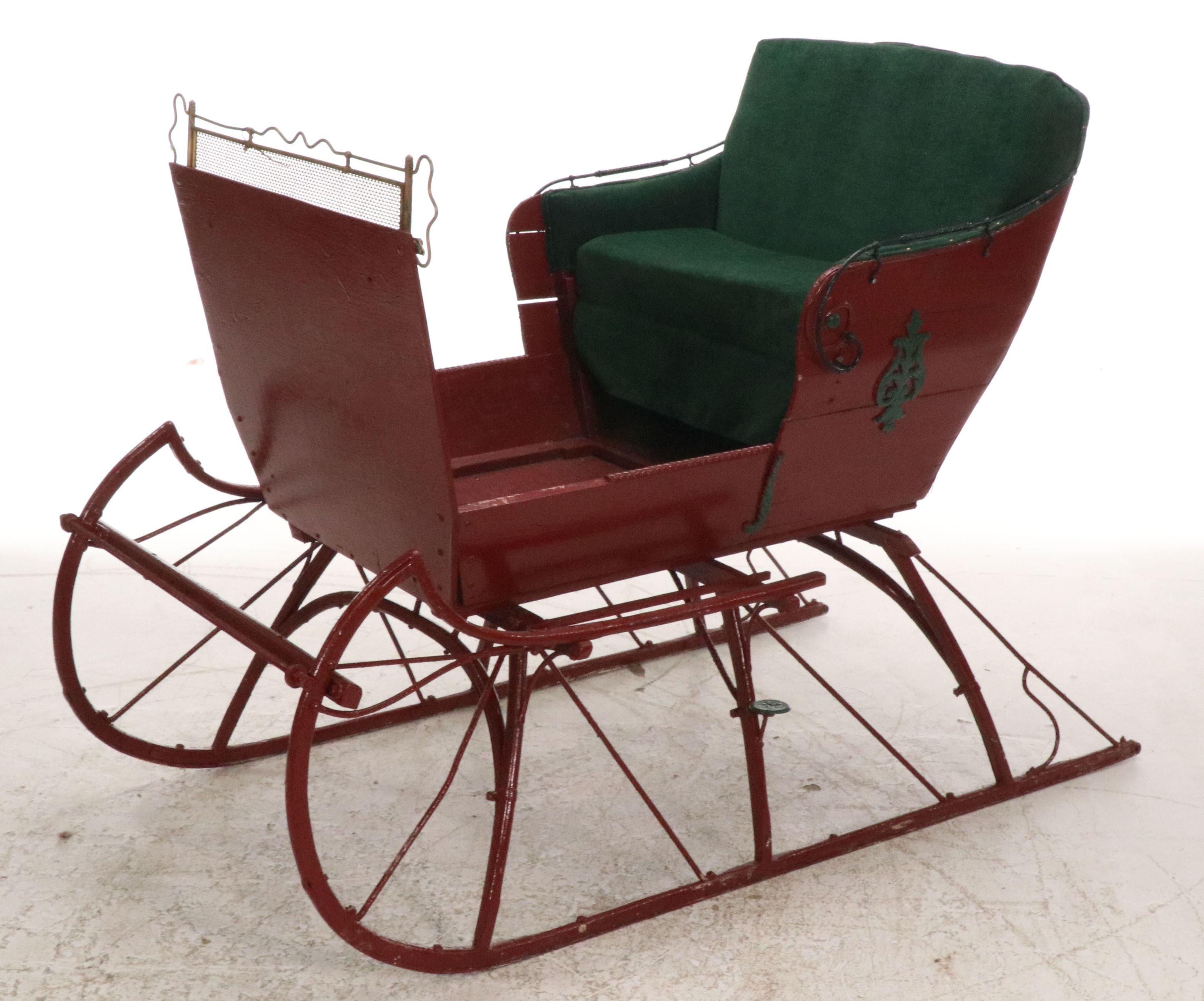 Red-Painted Wooden Horse Sleigh with Green Corduroy Upholstered Seat