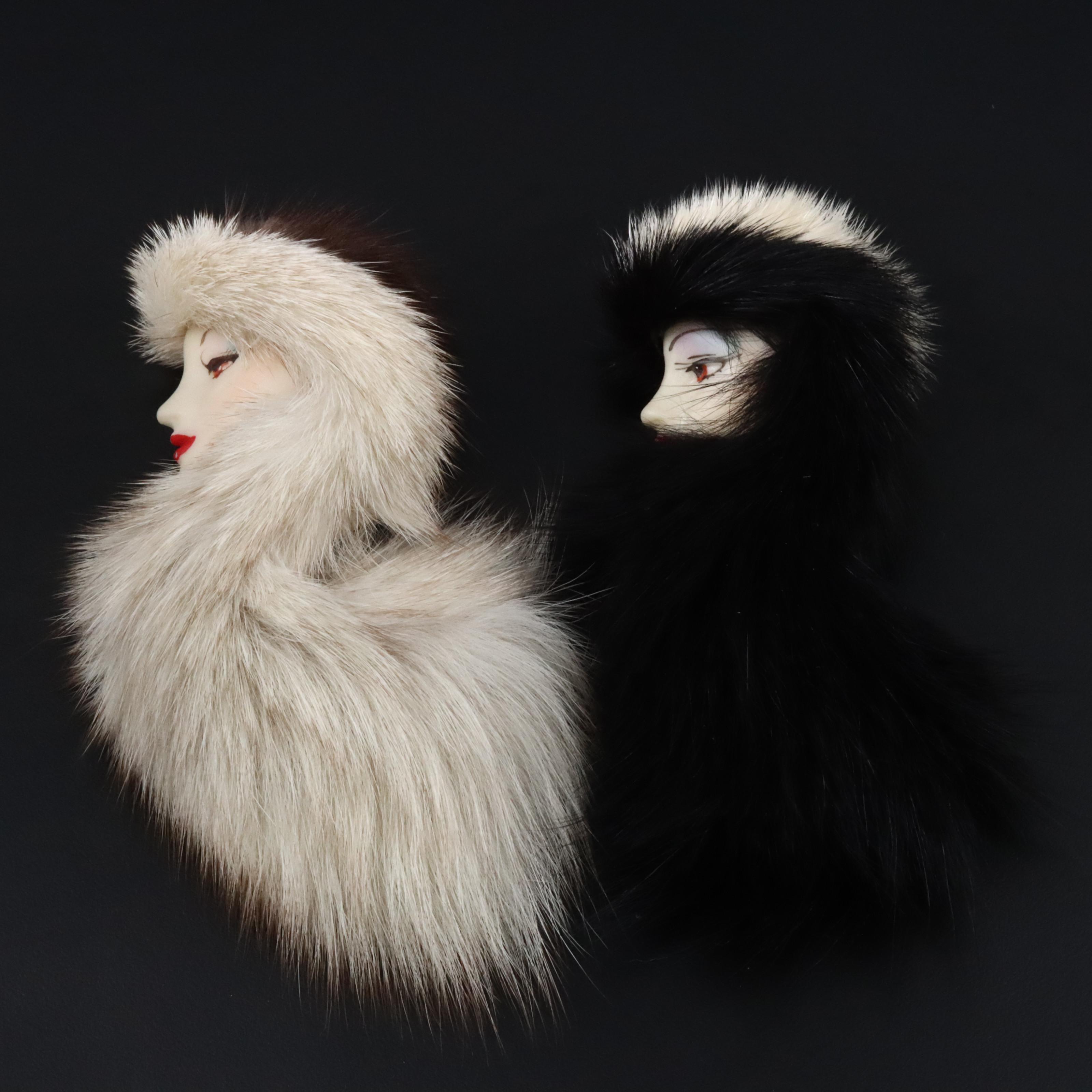 Vintage Fur and Ceramic Painted Women Brooches