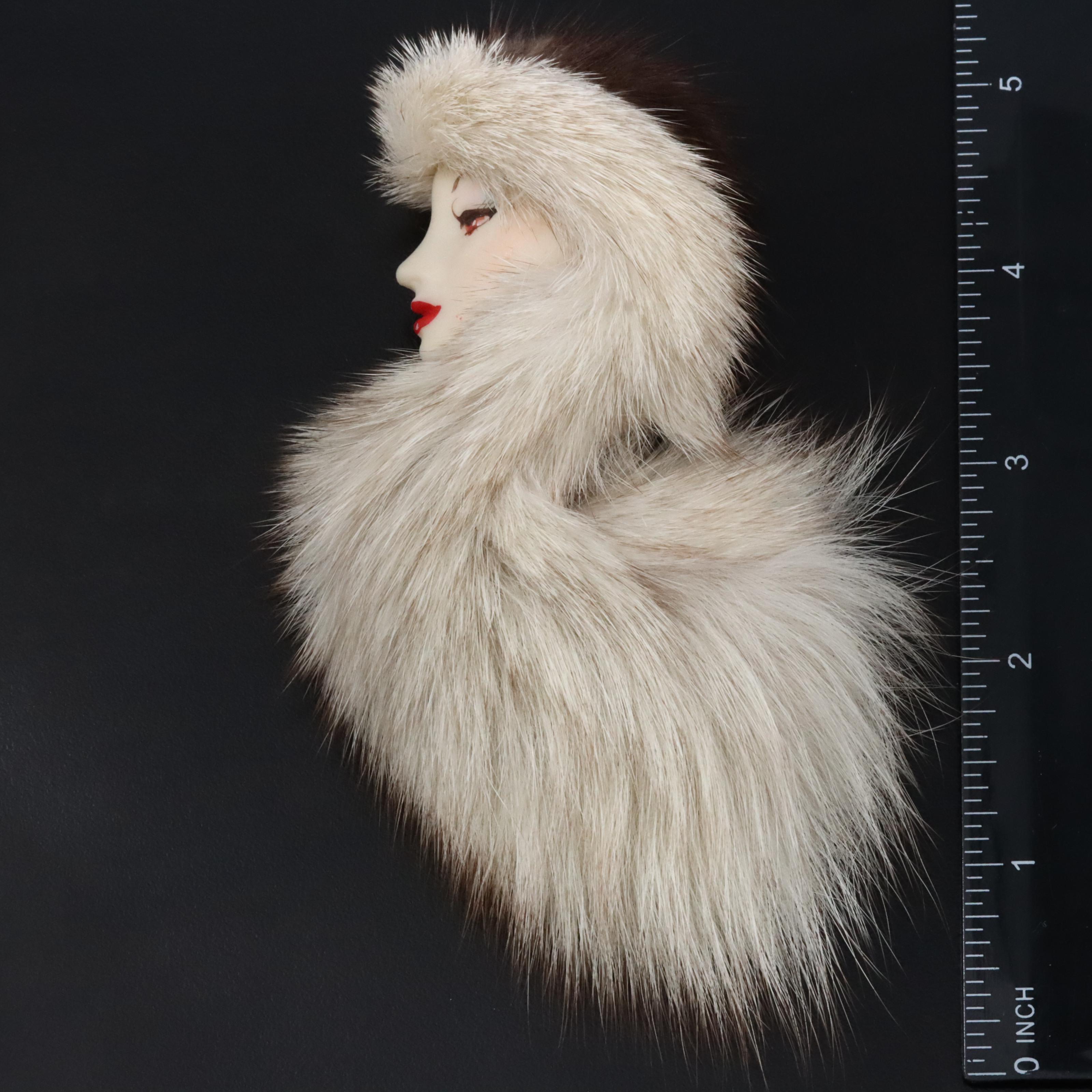 Vintage Fur and Ceramic Painted Women Brooches