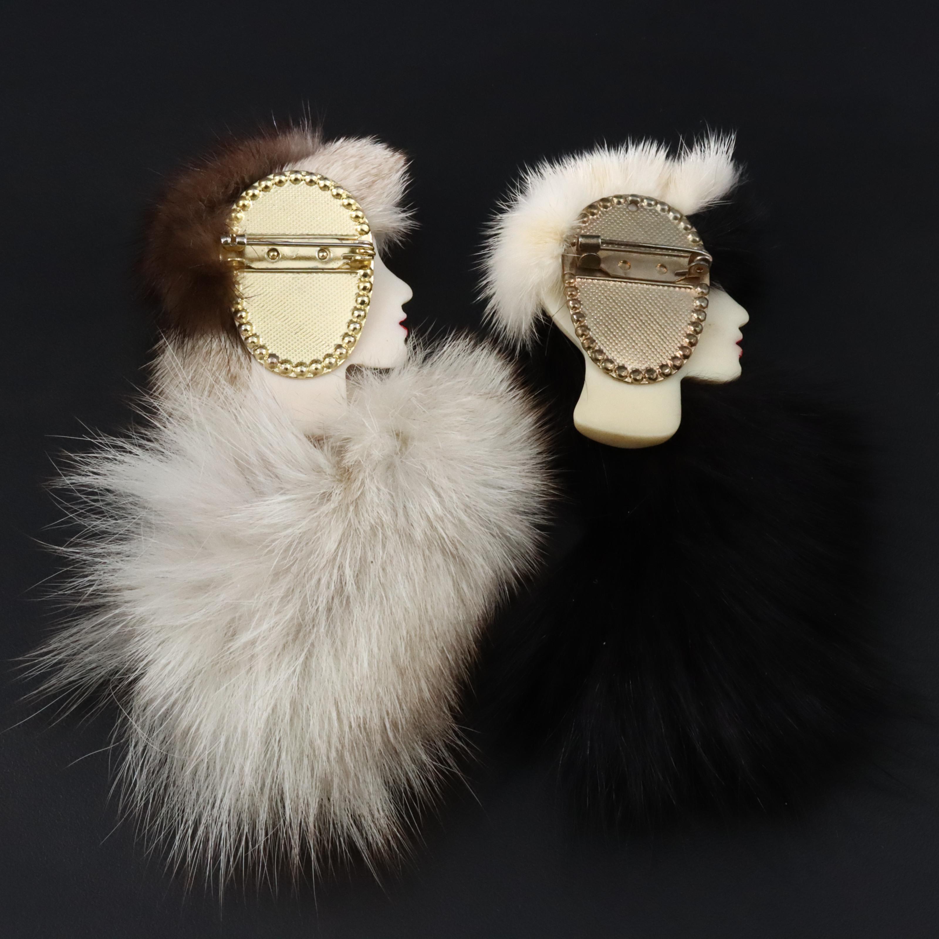 Vintage Fur and Ceramic Painted Women Brooches