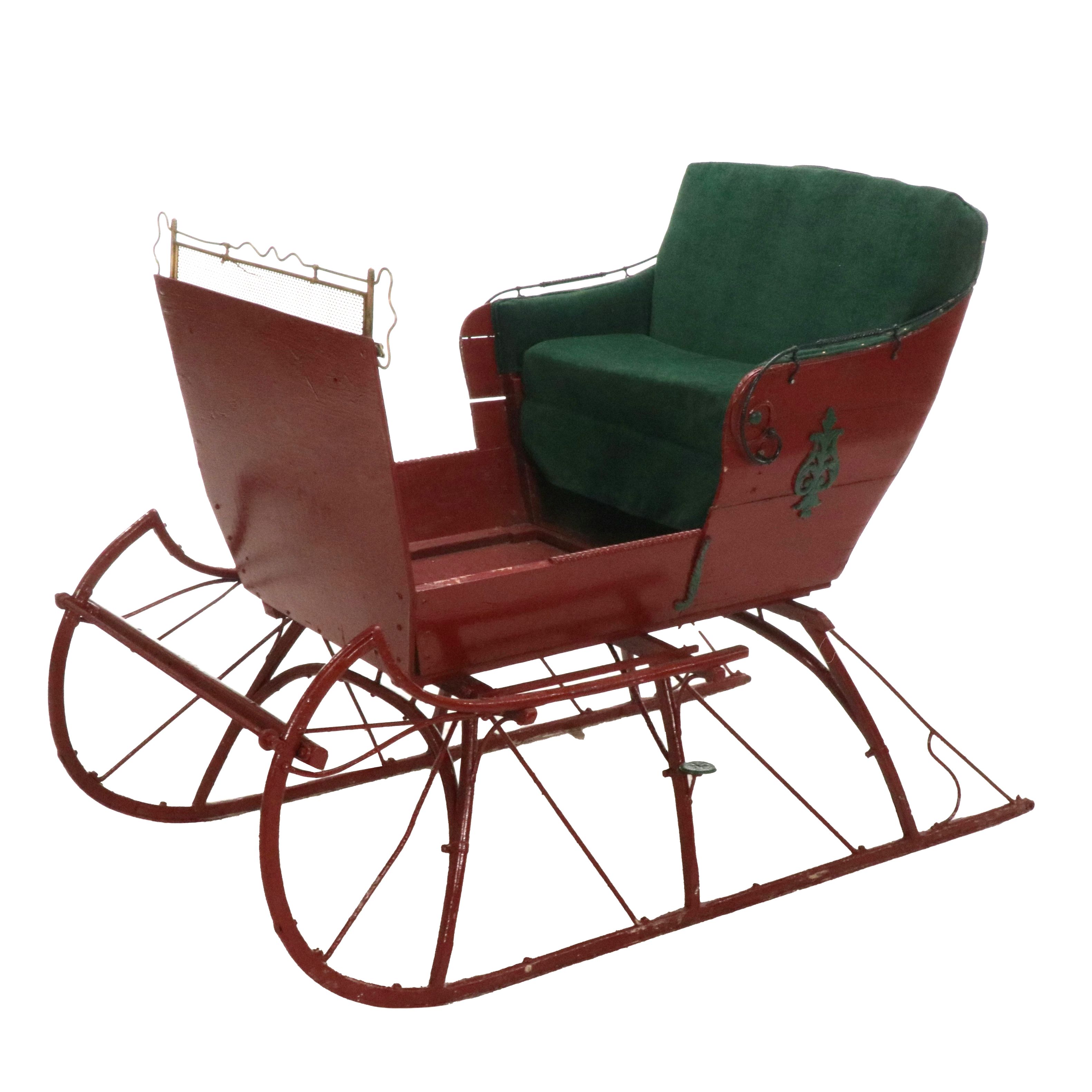 Red-Painted Wooden Horse Sleigh with Green Corduroy Upholstered Seat