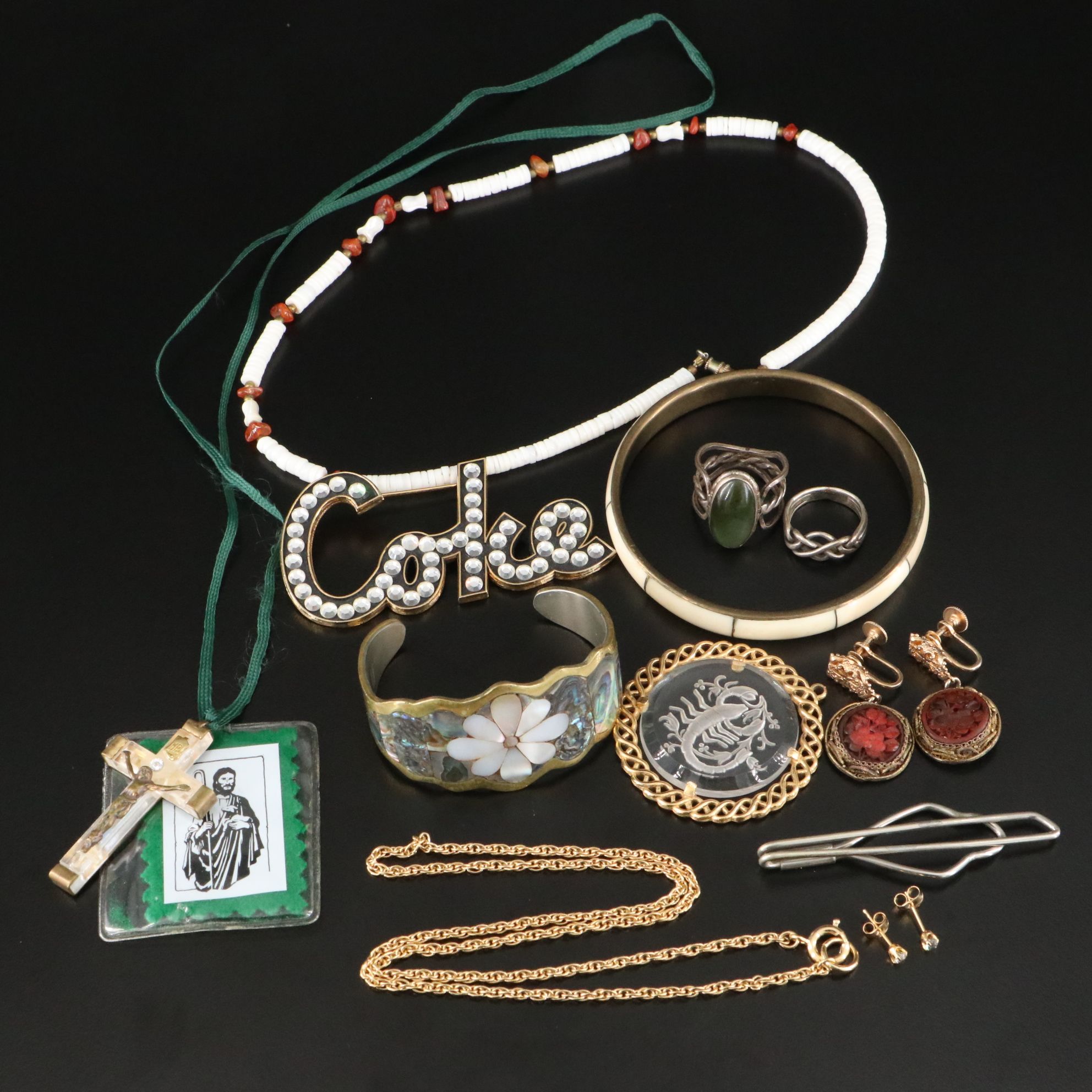 Chinese Export Earrings, Sterling and Abalone Featured in Jewelry Assortment