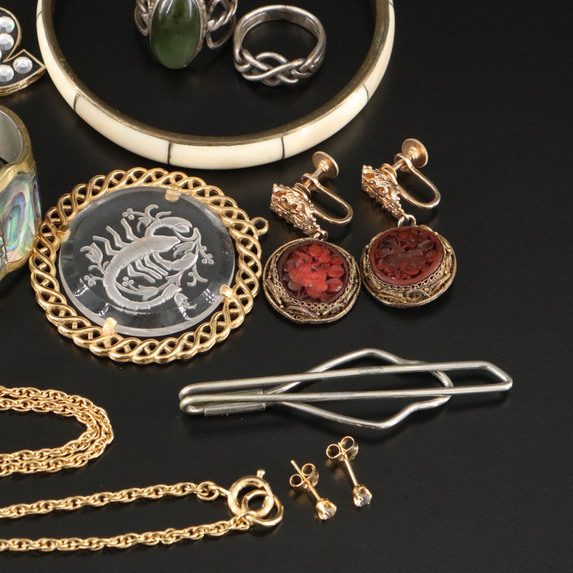 Chinese Export Earrings, Sterling and Abalone Featured in Jewelry Assortment