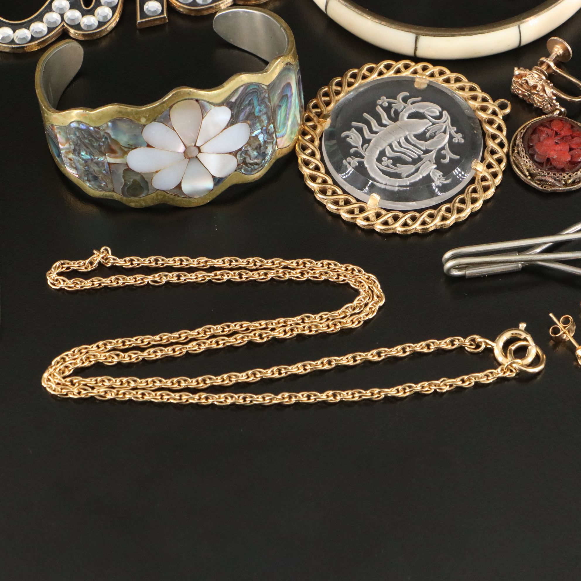 Chinese Export Earrings, Sterling and Abalone Featured in Jewelry Assortment