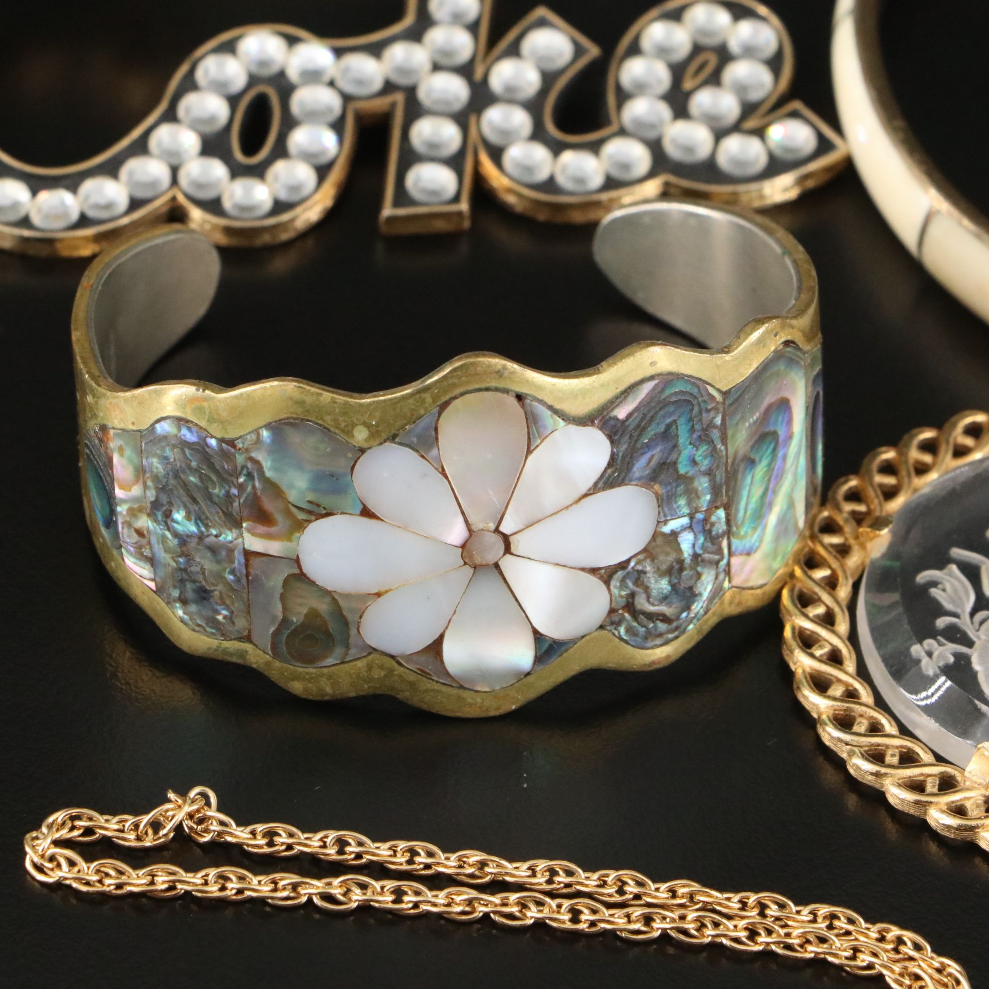 Chinese Export Earrings, Sterling and Abalone Featured in Jewelry Assortment