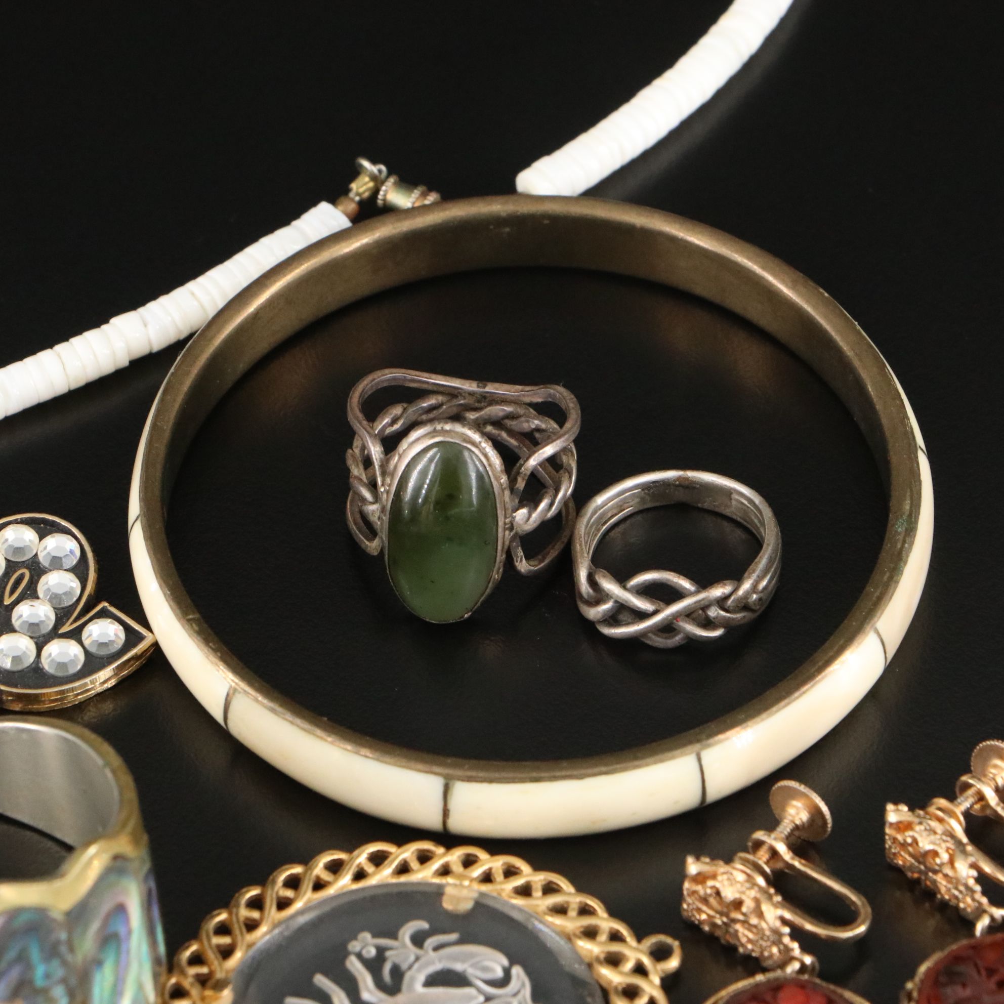 Chinese Export Earrings, Sterling and Abalone Featured in Jewelry Assortment