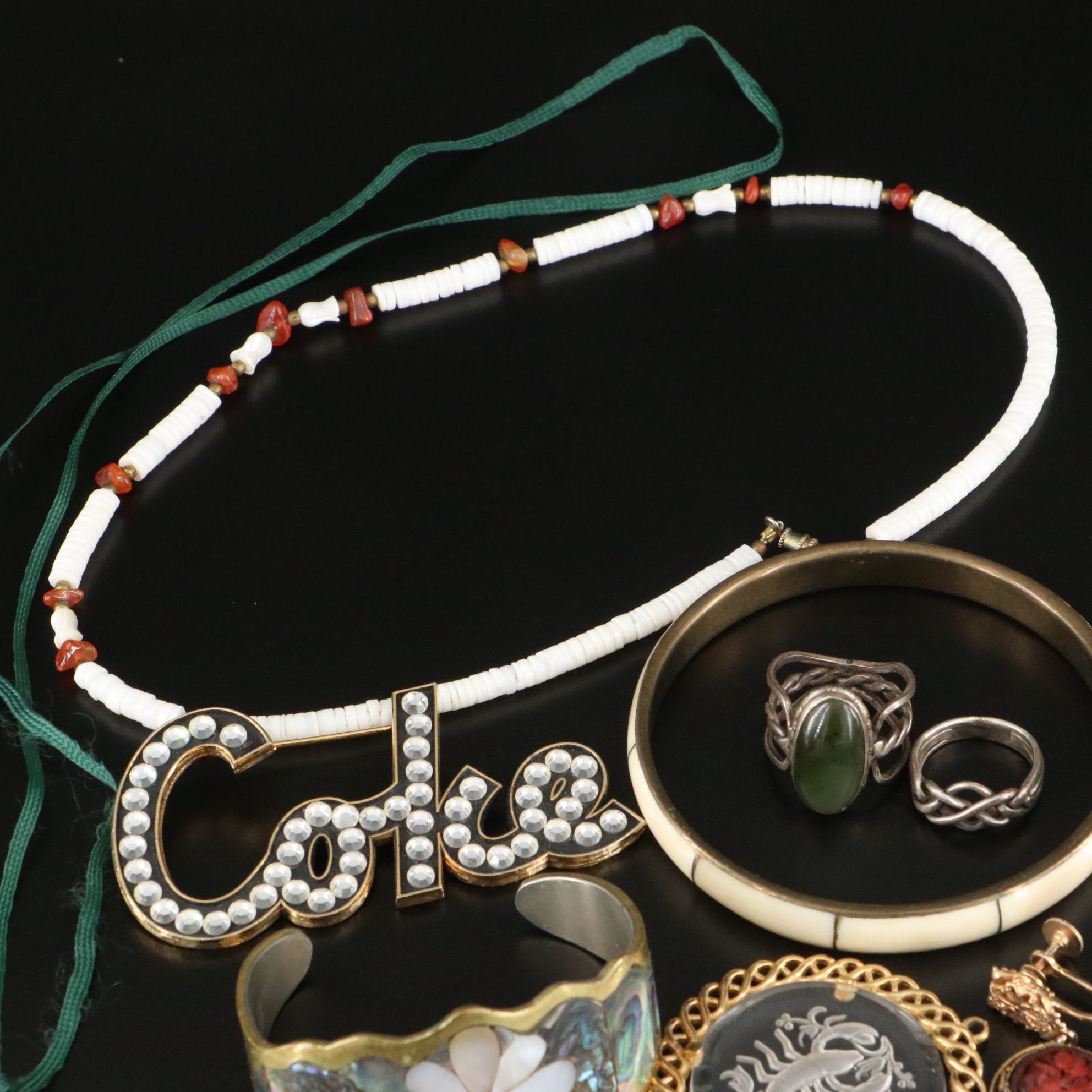 Chinese Export Earrings, Sterling and Abalone Featured in Jewelry Assortment