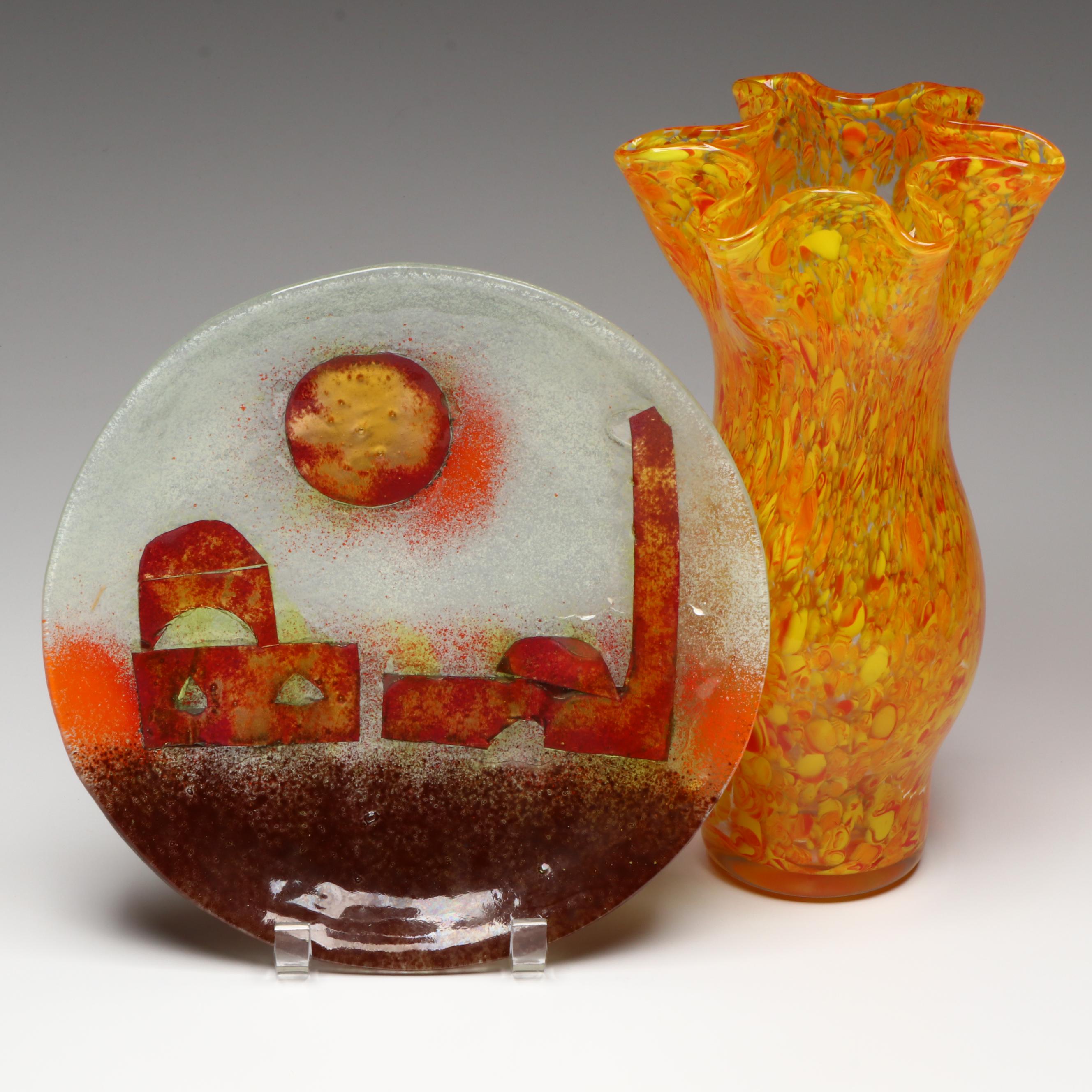 Hanna Bahral Fused Glass Decorative Plate Depicting Jerusalem with Vase