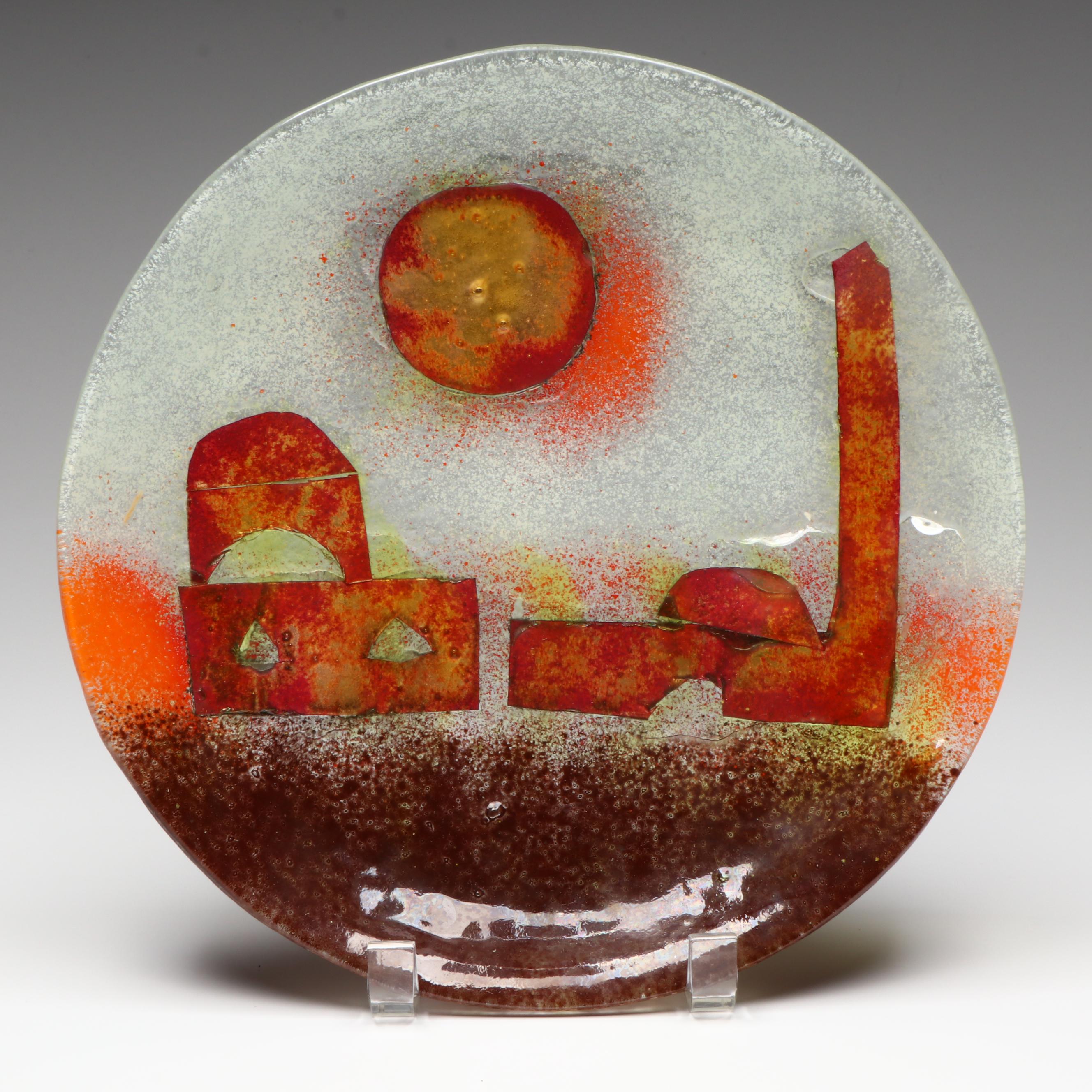 Hanna Bahral Fused Glass Decorative Plate Depicting Jerusalem with Vase