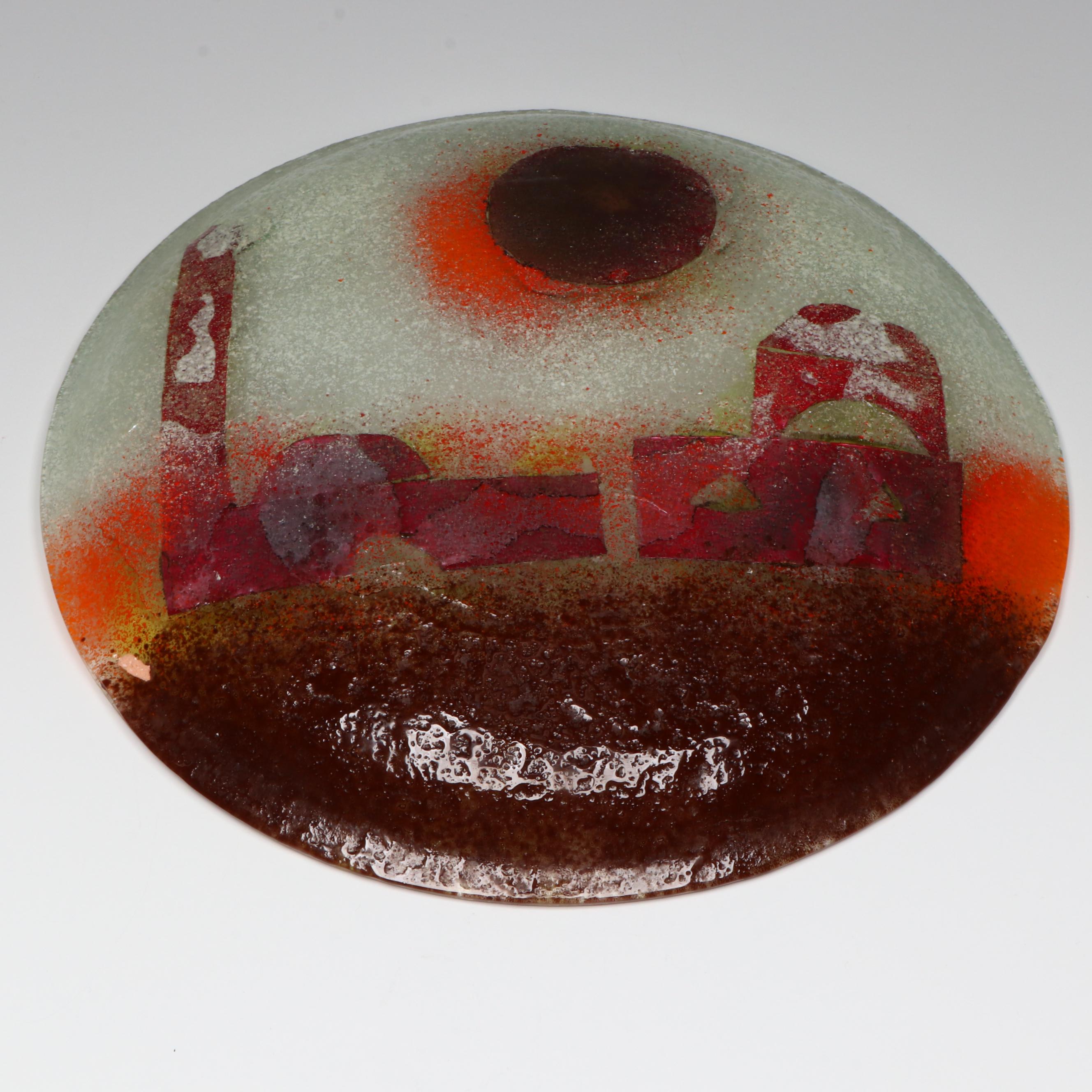 Hanna Bahral Fused Glass Decorative Plate Depicting Jerusalem with Vase