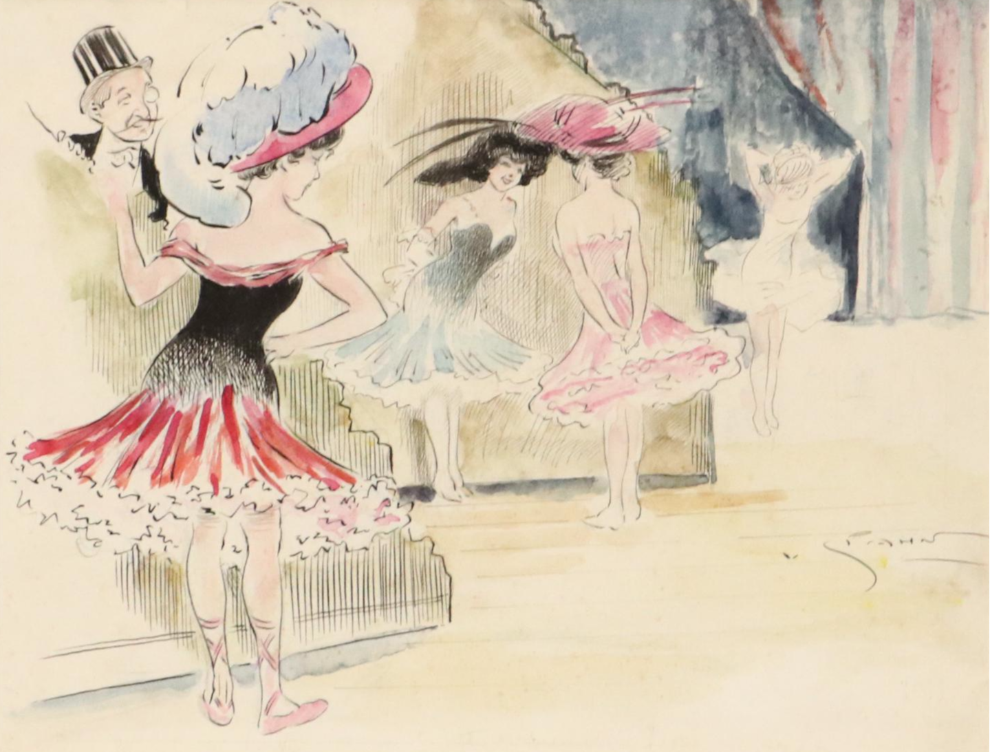 V. Spahn Ink and Watercolor Drawing of Showgirls in Dressing Room