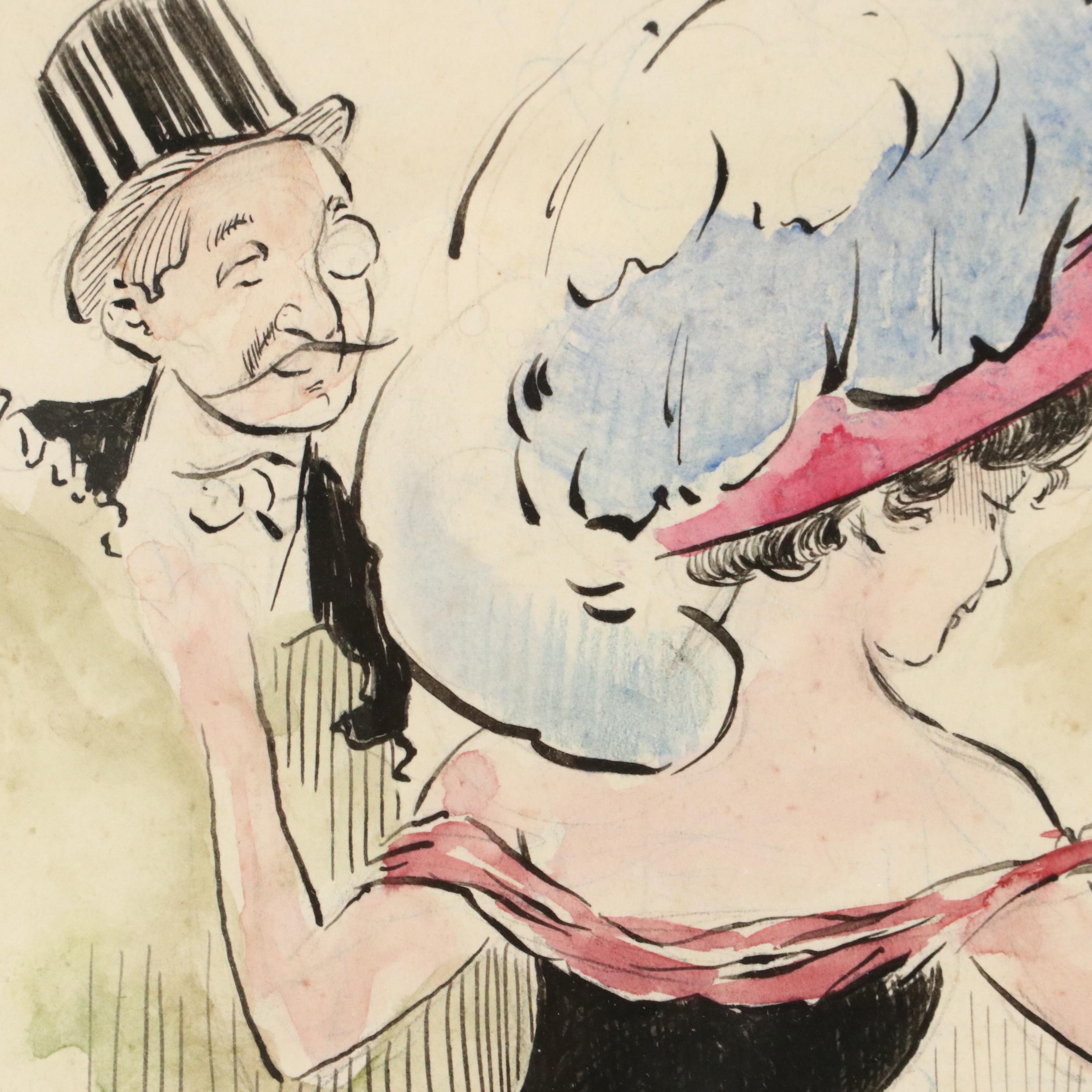 V. Spahn Ink and Watercolor Drawing of Showgirls in Dressing Room