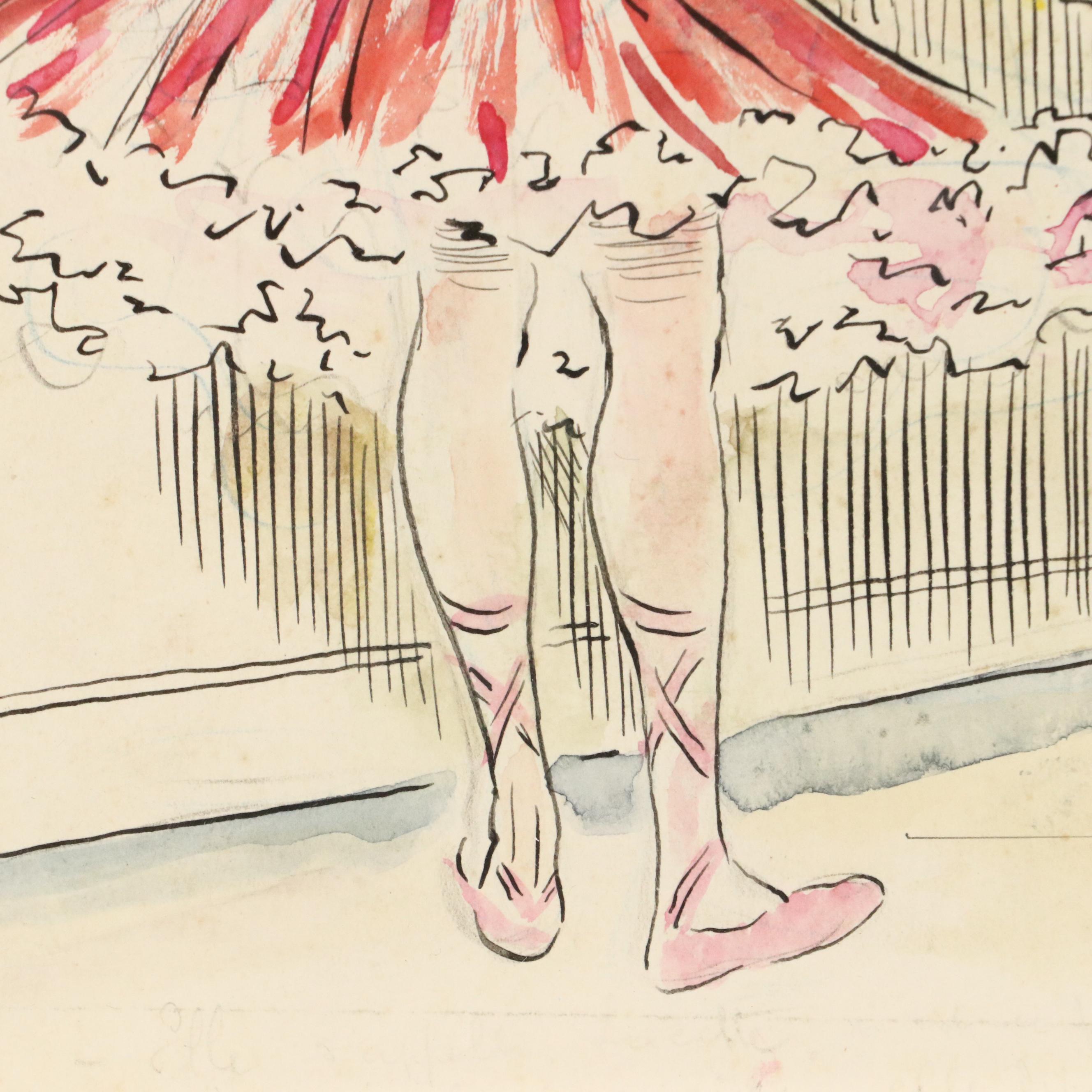 V. Spahn Ink and Watercolor Drawing of Showgirls in Dressing Room