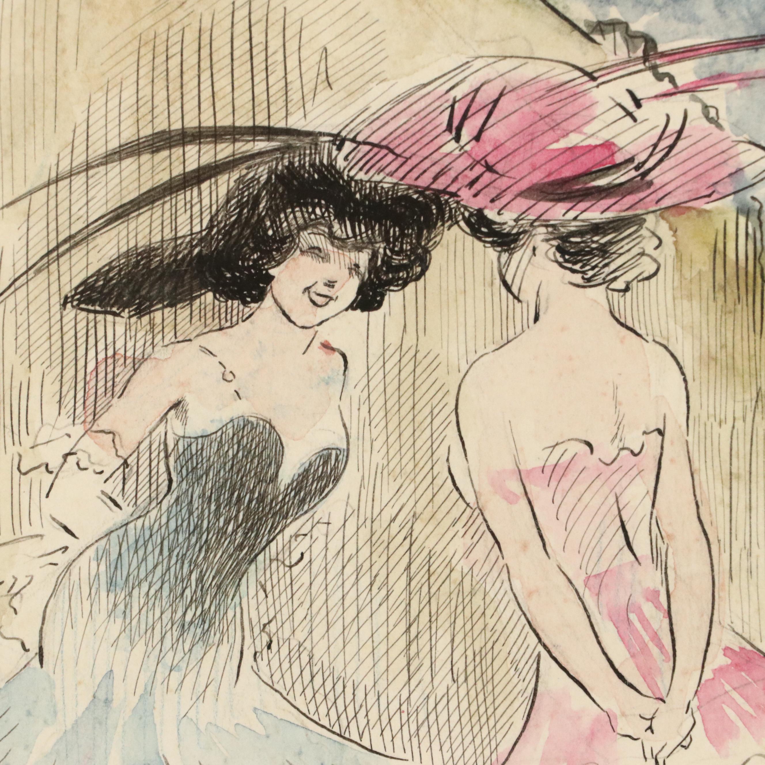 V. Spahn Ink and Watercolor Drawing of Showgirls in Dressing Room