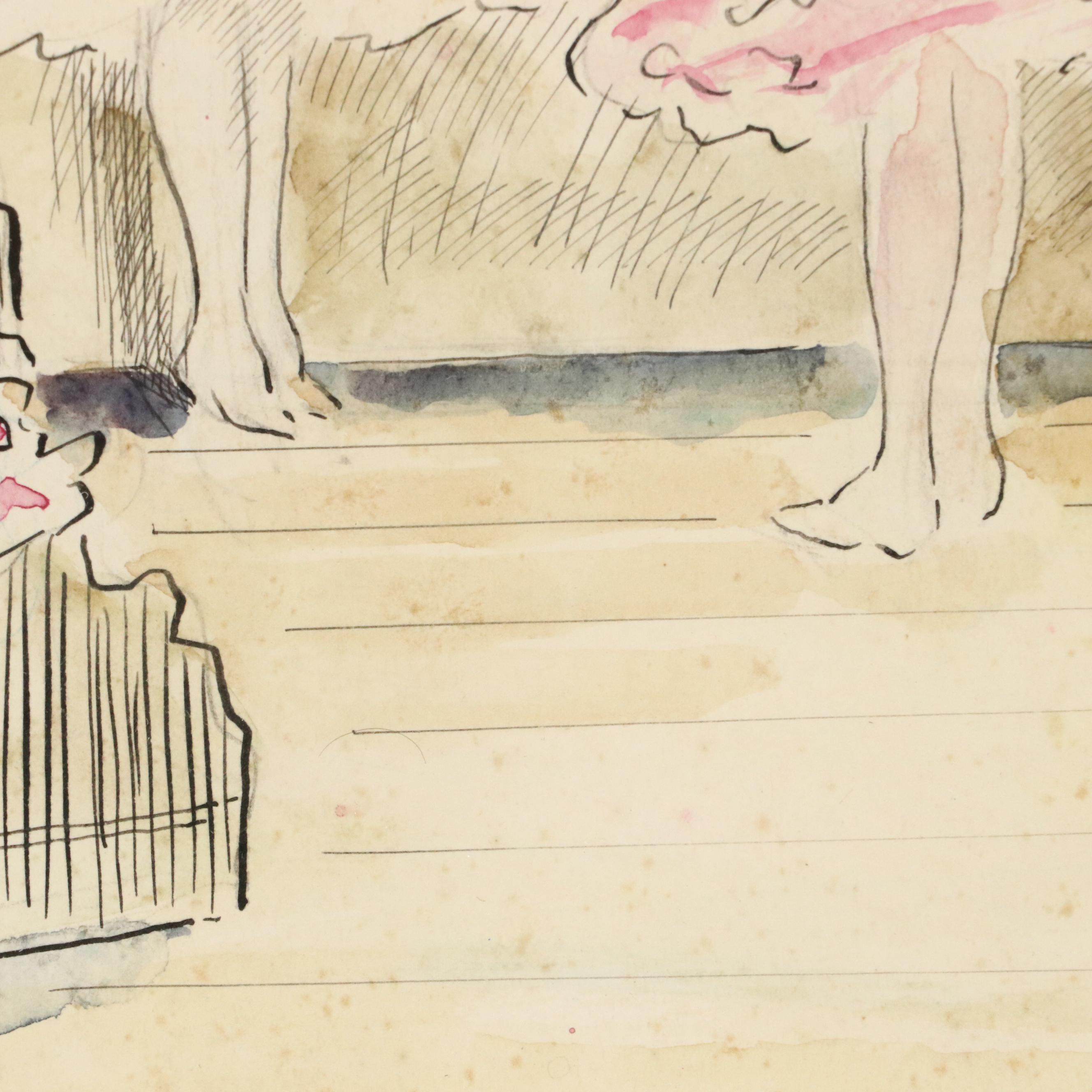 V. Spahn Ink and Watercolor Drawing of Showgirls in Dressing Room