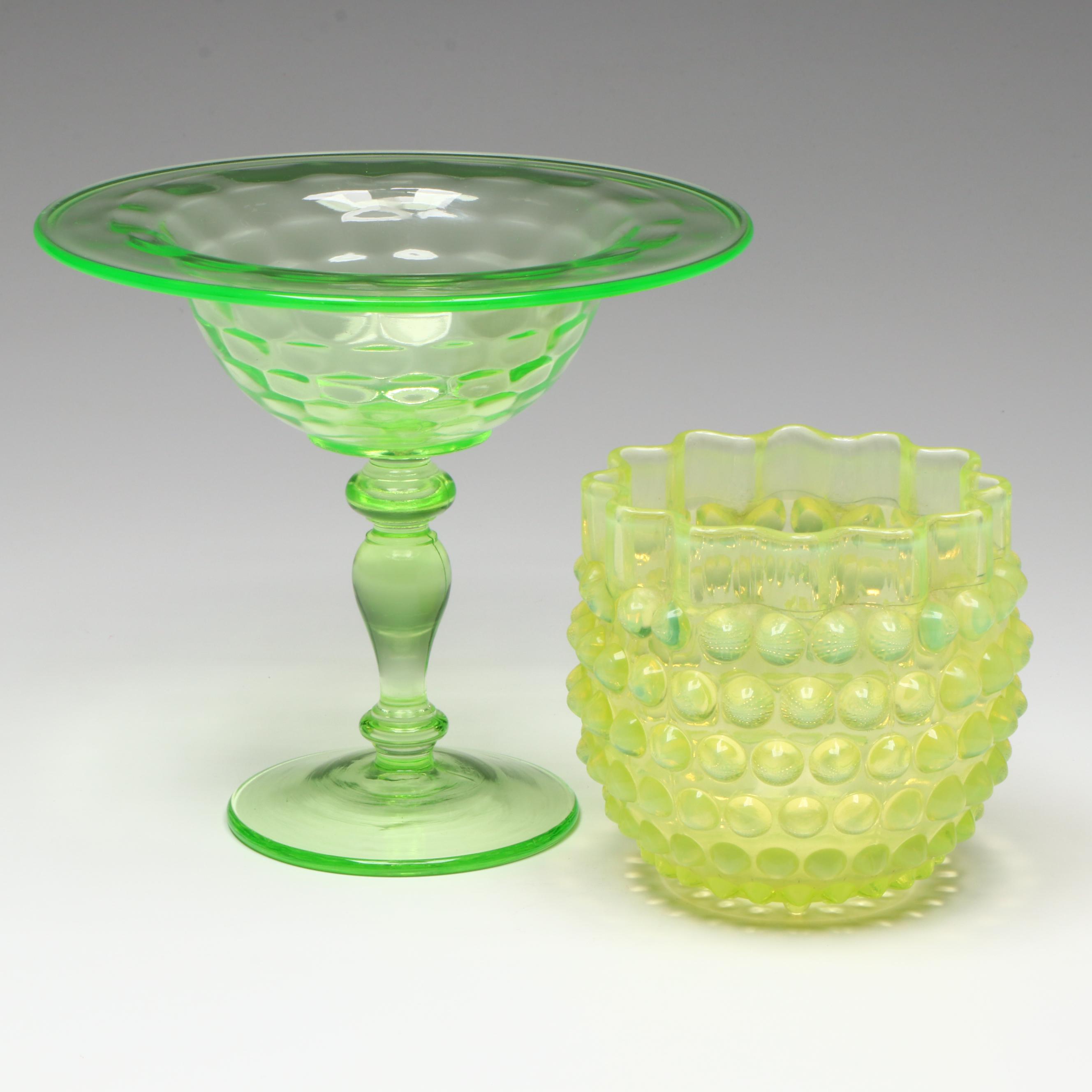 Fenton "Hobnail Topaz" Uranium Glass Candle Holder with Other Candy Dish