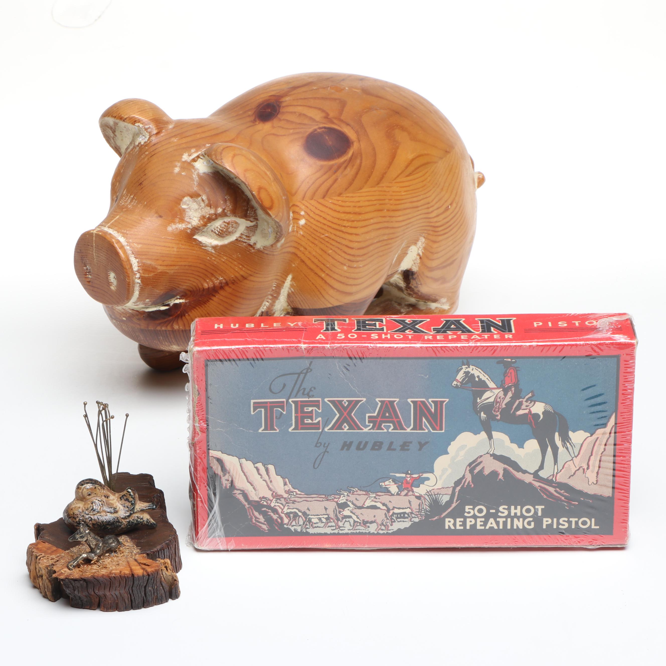 Wooden Pig Sculpture with Other Decor, Mid to Late 20th Century