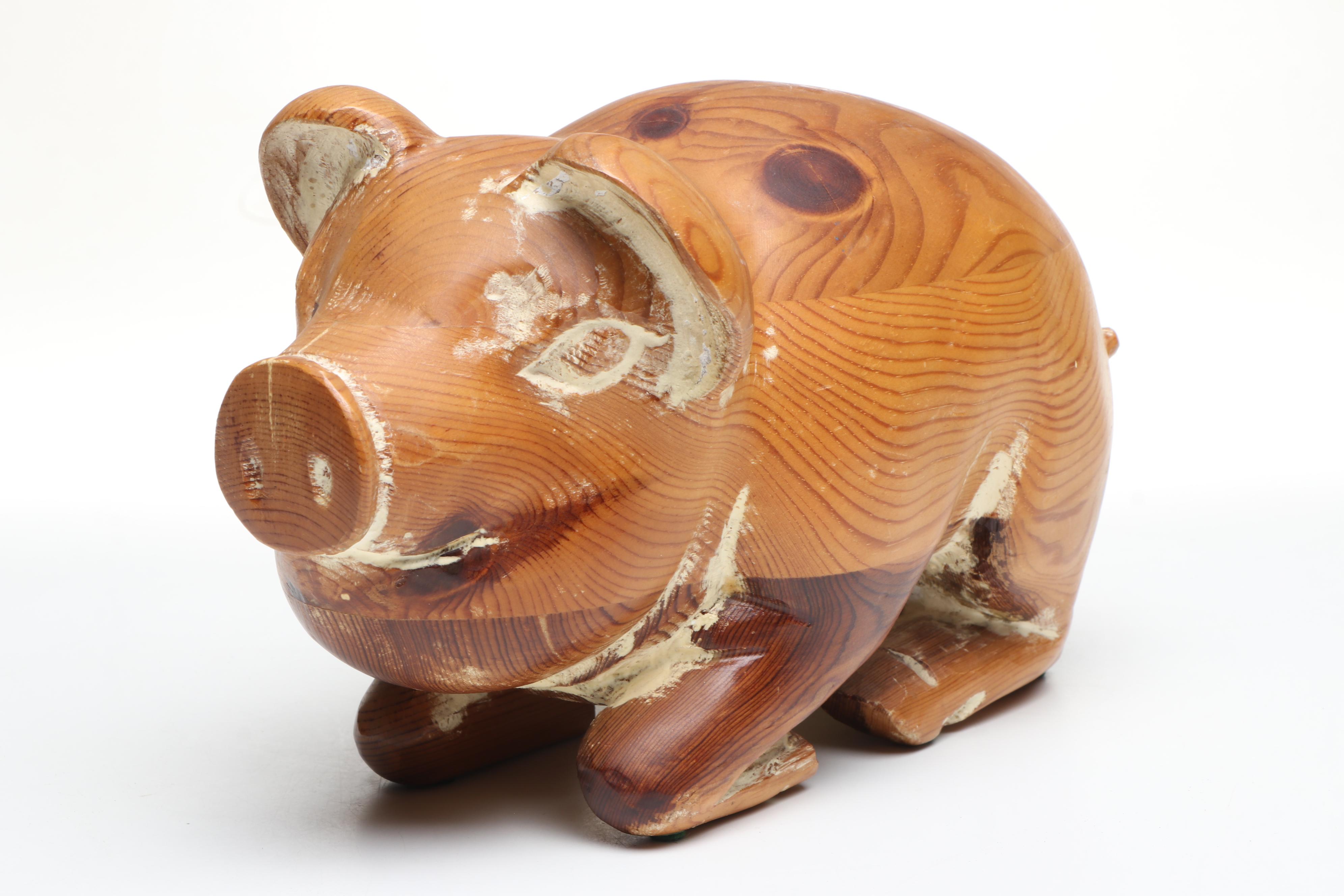 Wooden Pig Sculpture with Other Decor, Mid to Late 20th Century