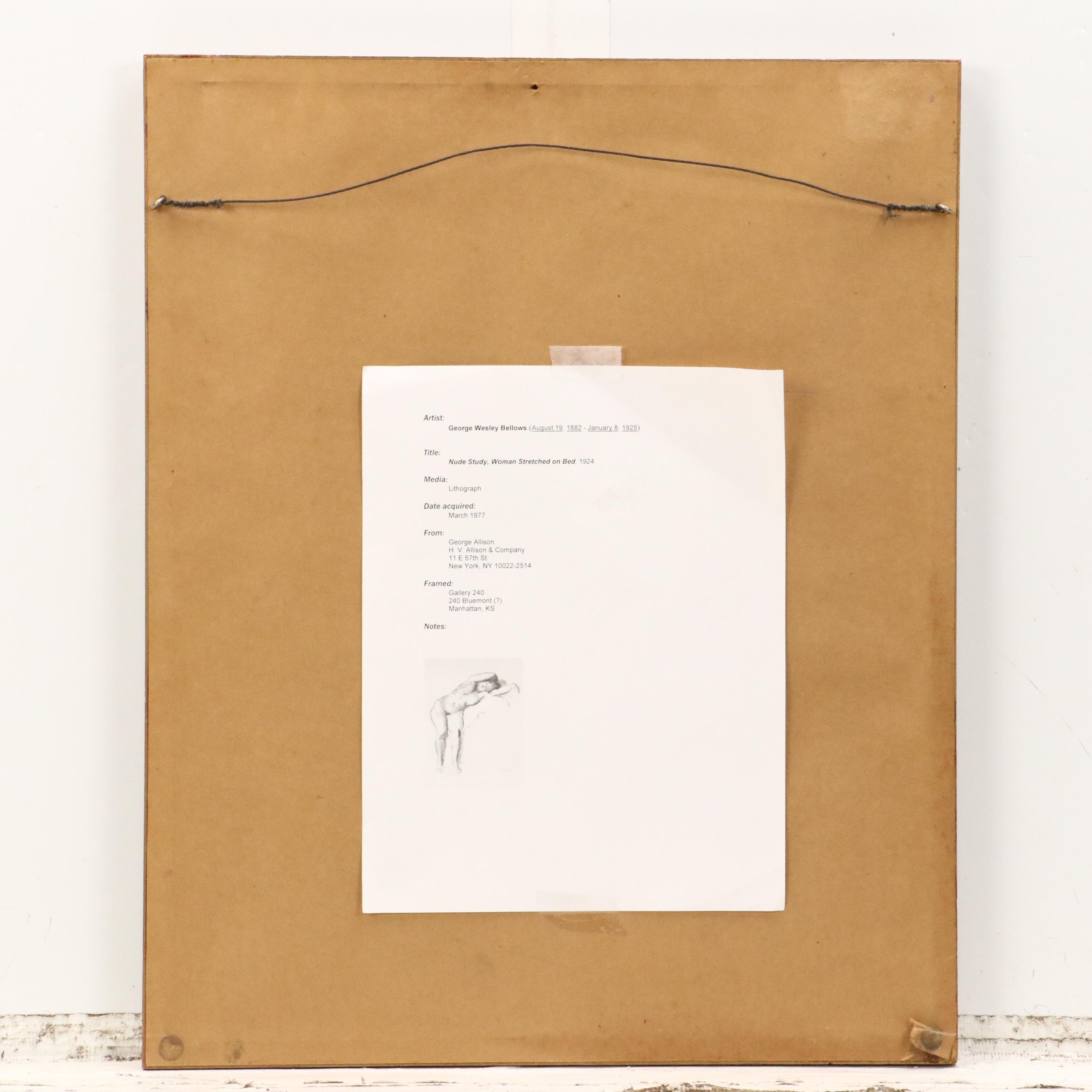 George Wesley Bellows Lithograph "Nude Study, Woman Stretched on Bed," 1924