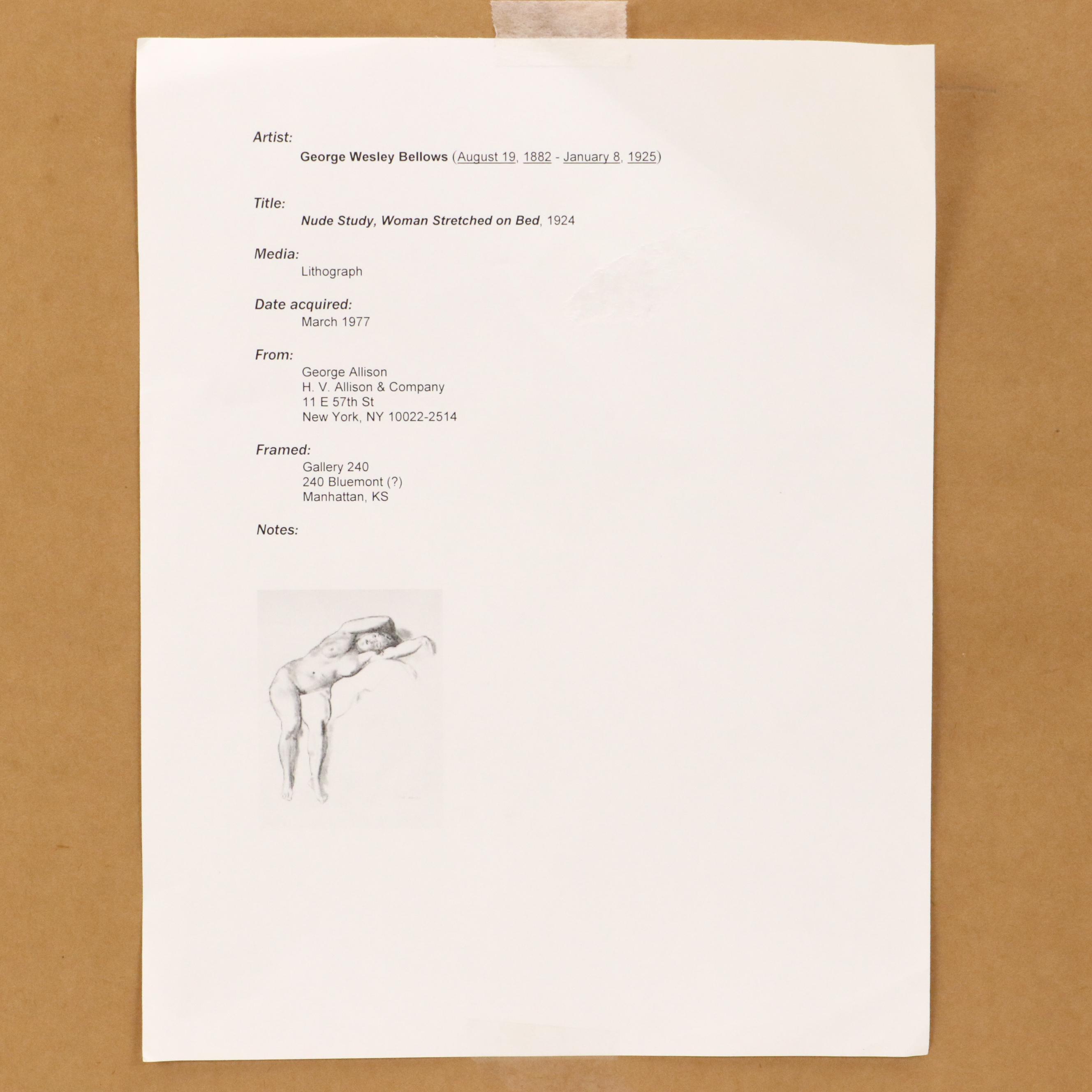 George Wesley Bellows Lithograph "Nude Study, Woman Stretched on Bed," 1924