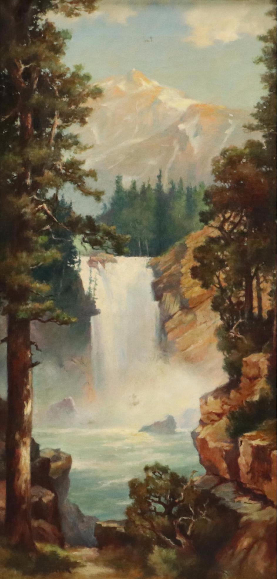 Grif Teller Landscape Oil Painting of Waterfall in Forest, Circa 1929