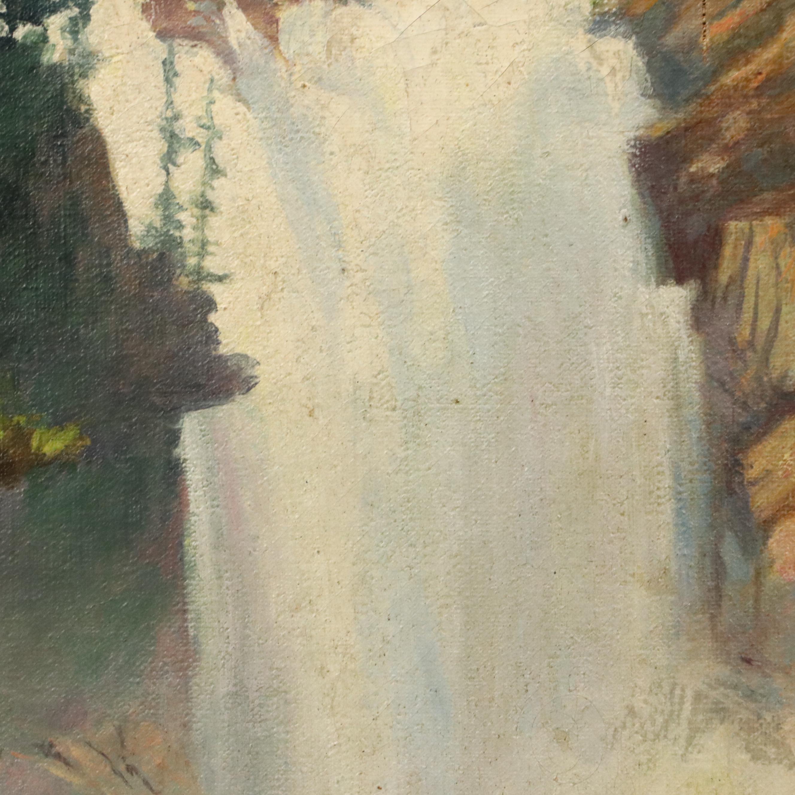 Grif Teller Landscape Oil Painting of Waterfall in Forest, Circa 1929