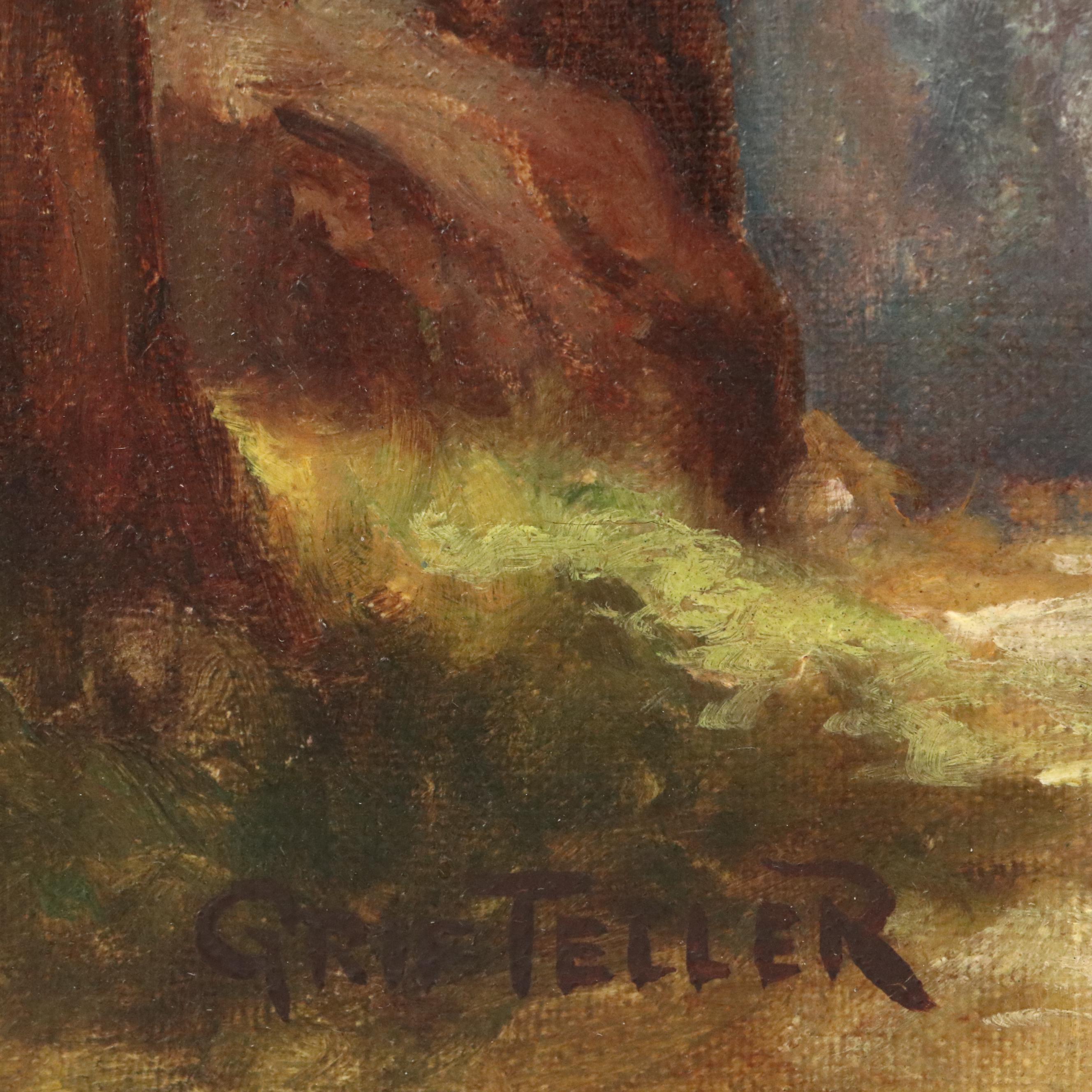 Grif Teller Landscape Oil Painting of Waterfall in Forest, Circa 1929