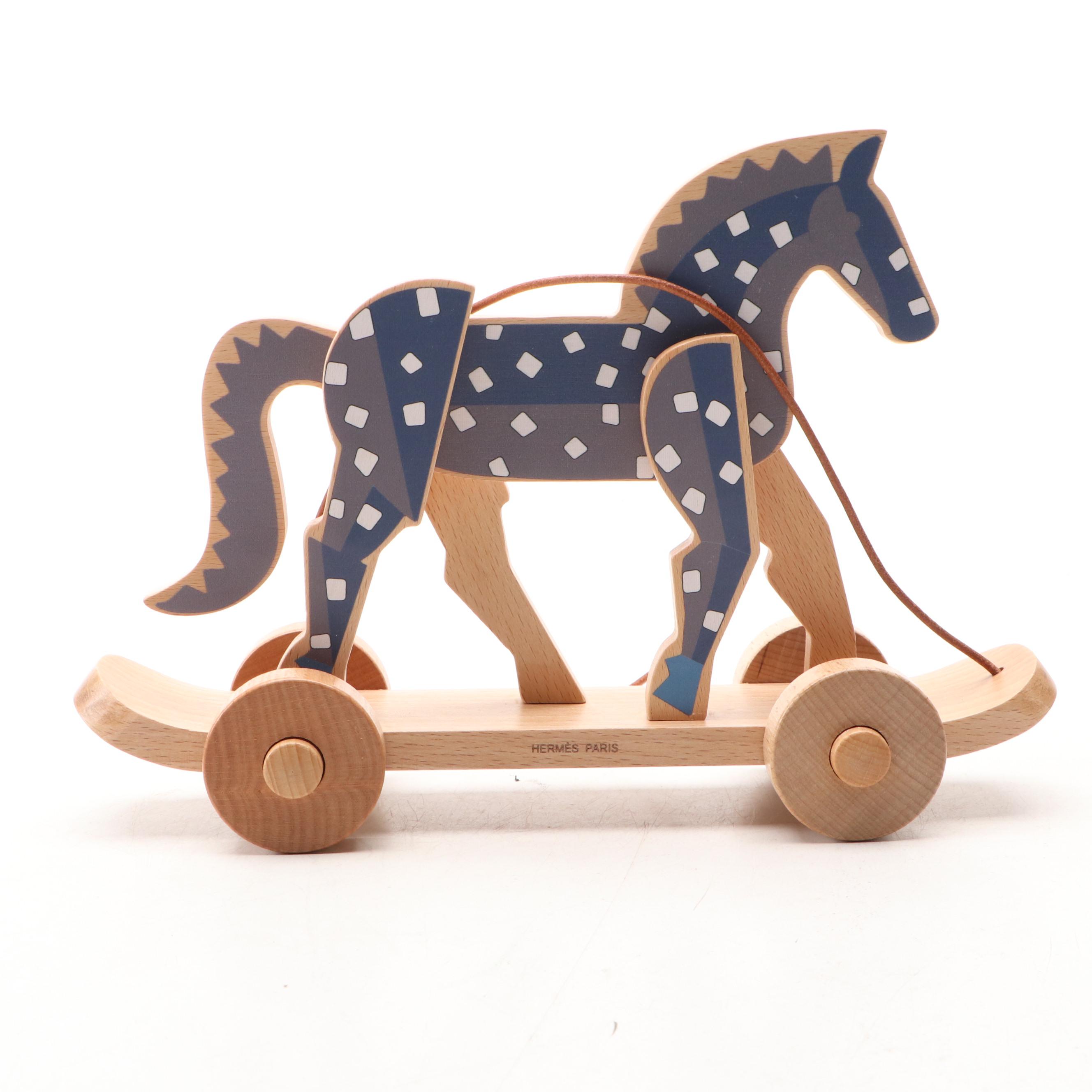Hermès "Épopée" Beechwood Pull-Along Horse with Bridle Leather Rope