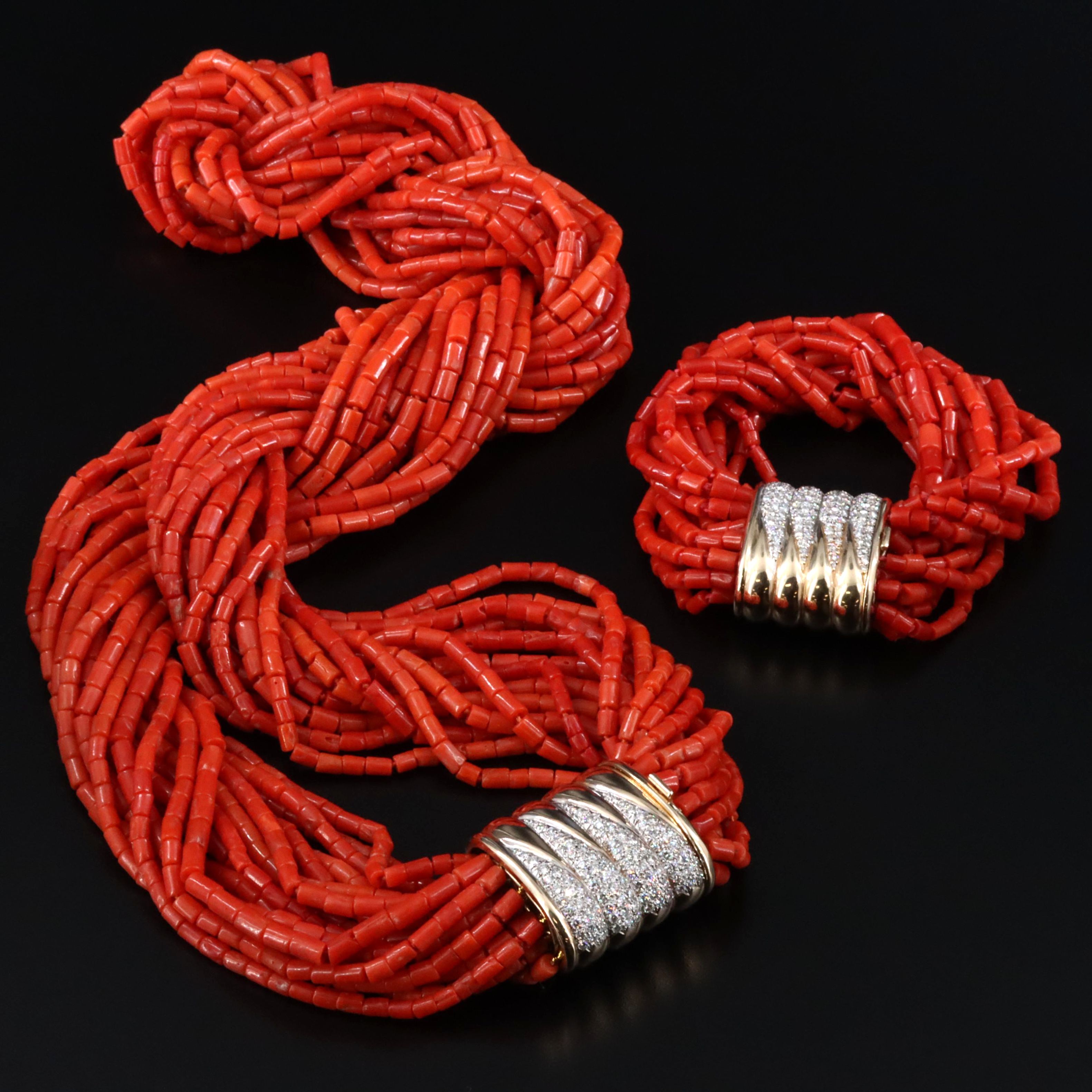 14K Coral and 6.23 CTW Diamond Torsade Necklace and Bracelet Set