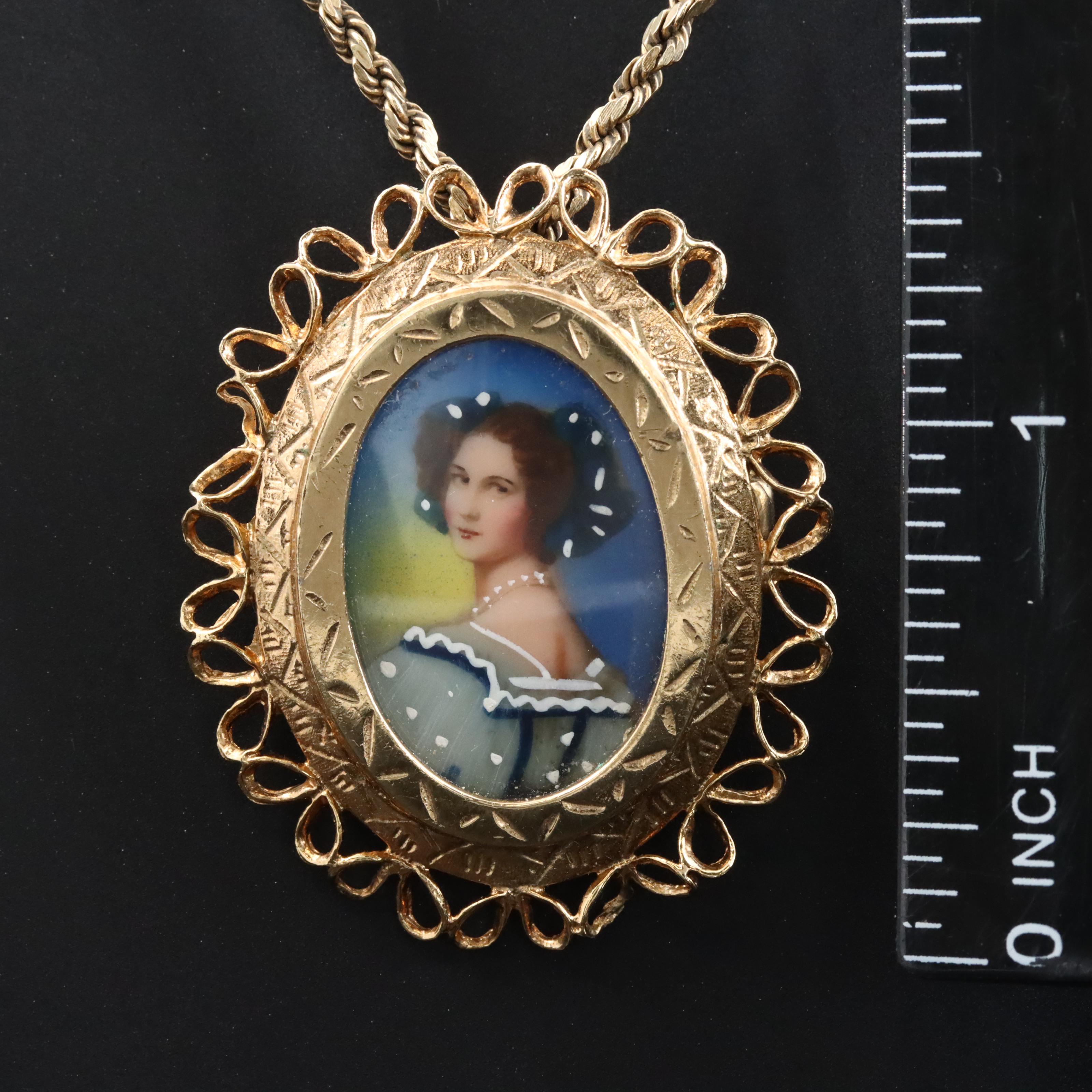 14K Braided Chain with Porcelain Portrait Converter Pendant