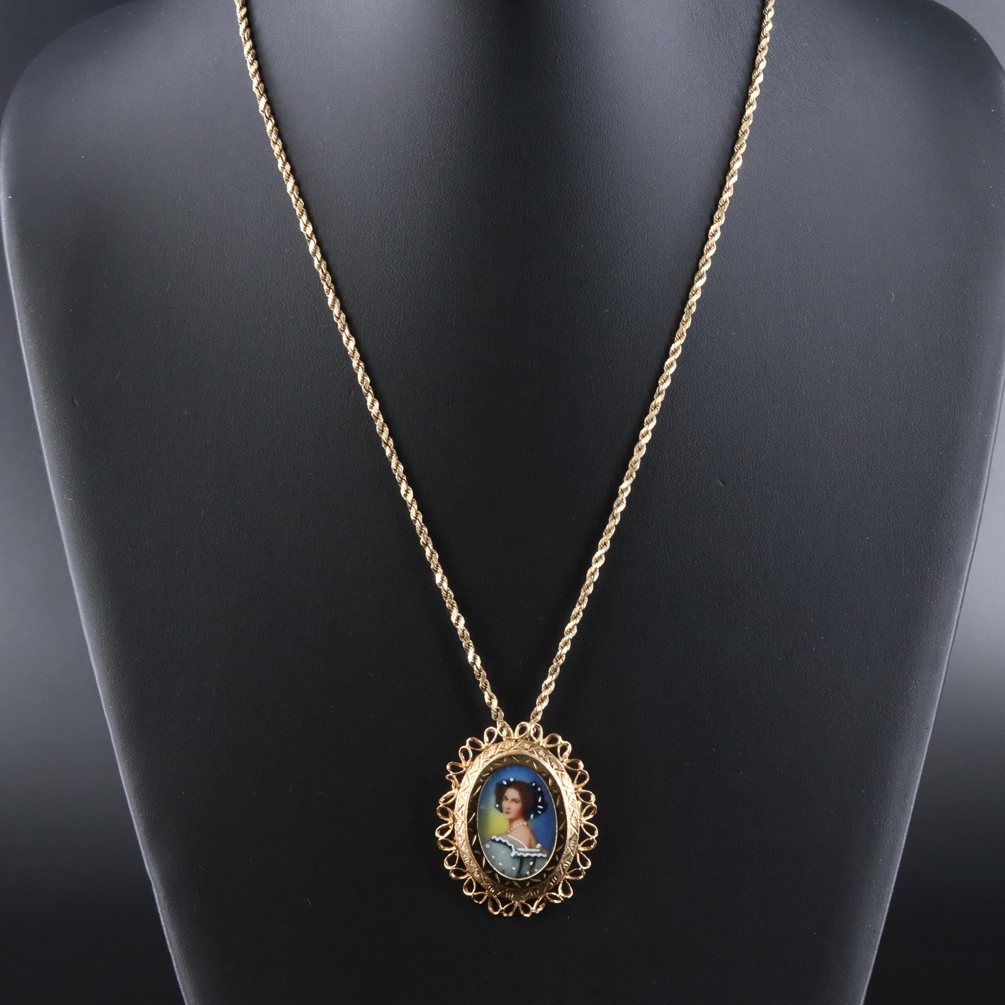 14K Braided Chain with Porcelain Portrait Converter Pendant
