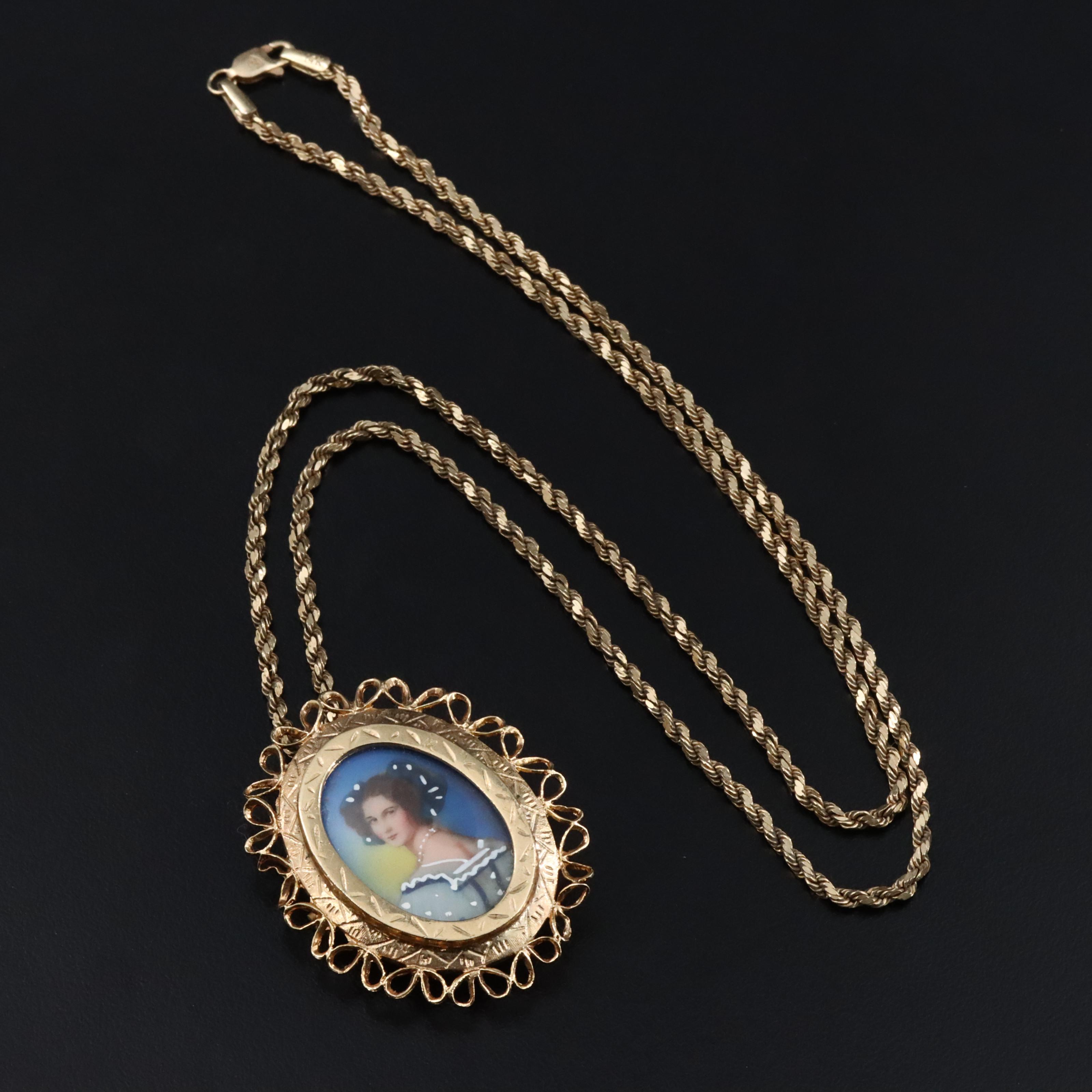 14K Braided Chain with Porcelain Portrait Converter Pendant